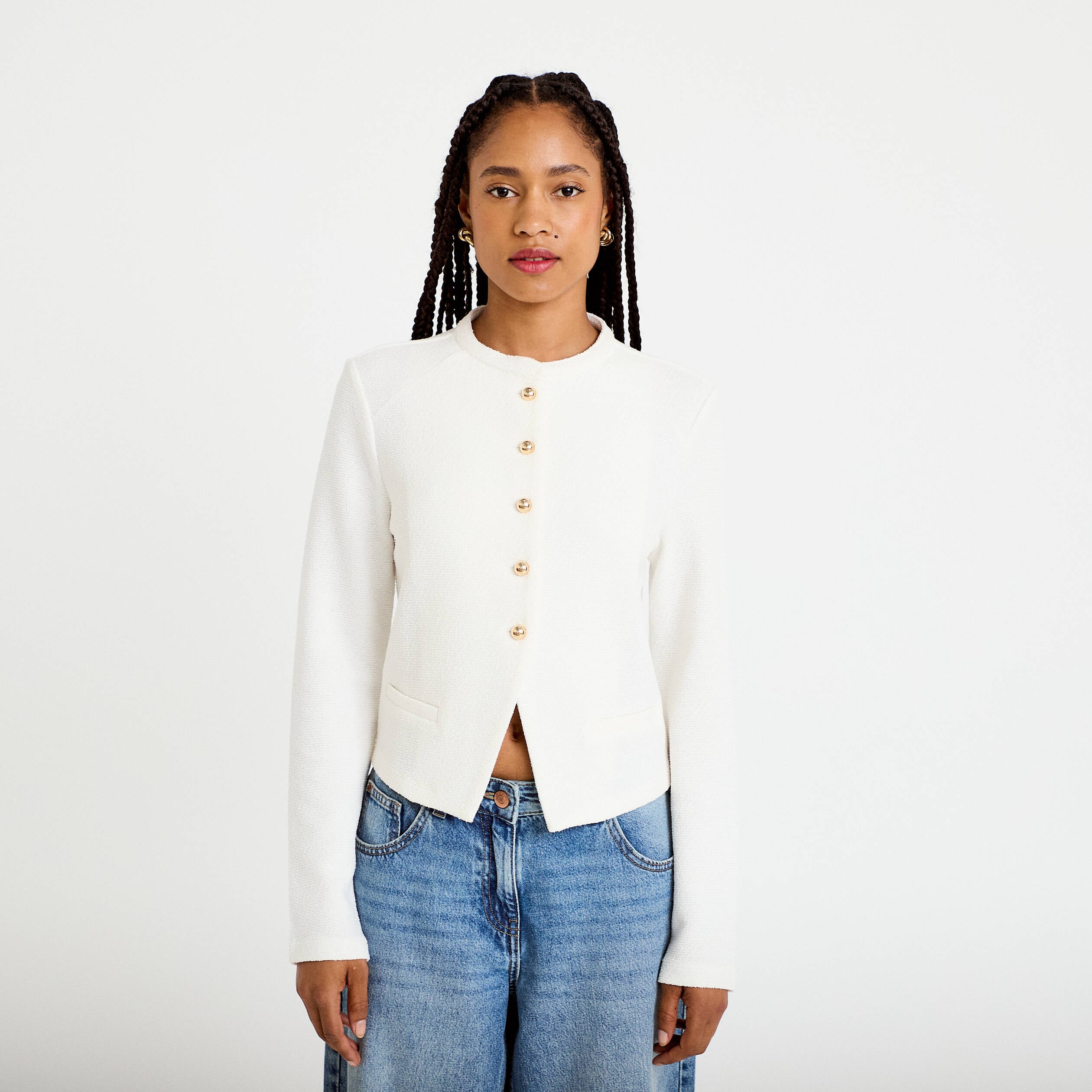Veste tweed droite cropped col rond ecru femme