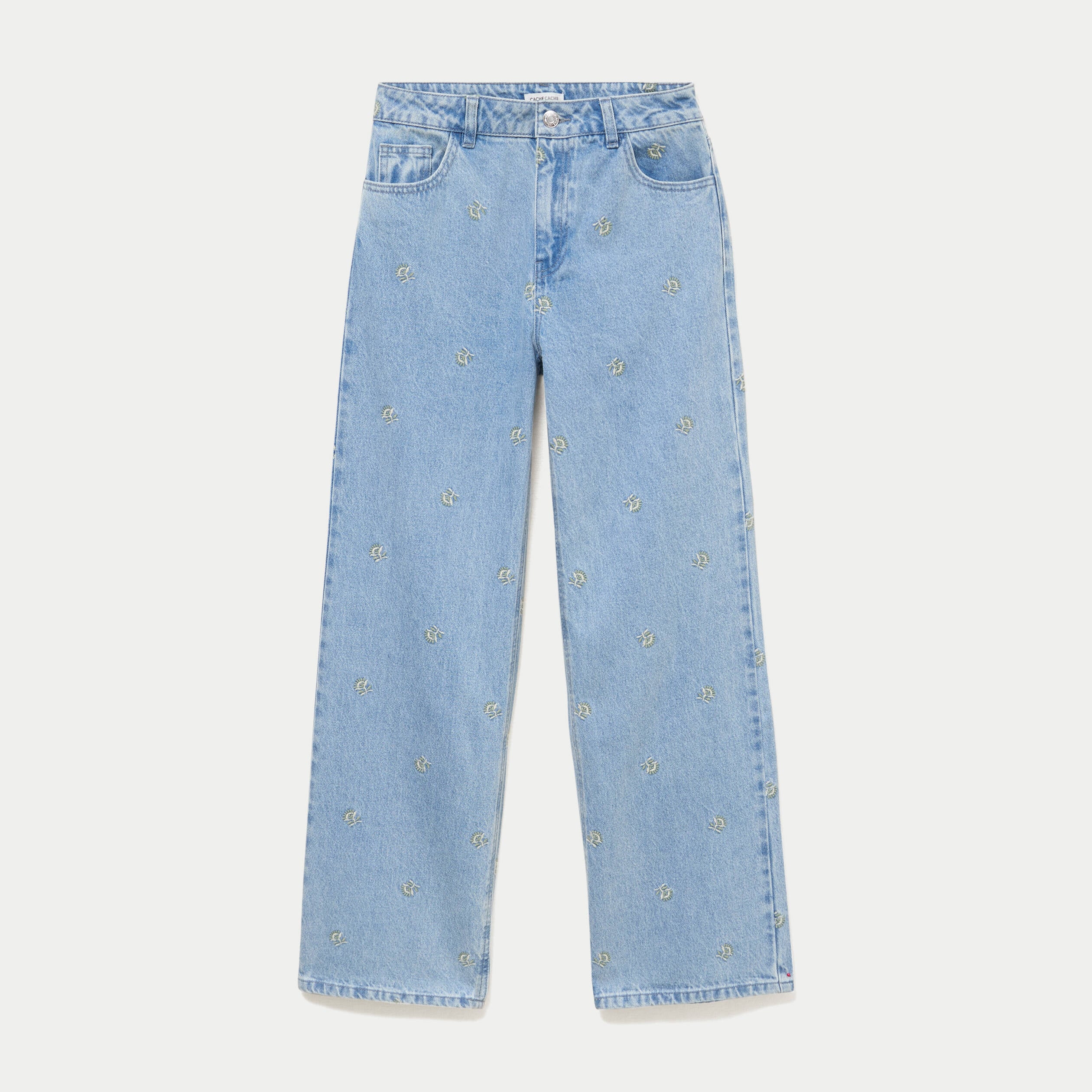 Jean wide leg broderie taille haute bleu femme