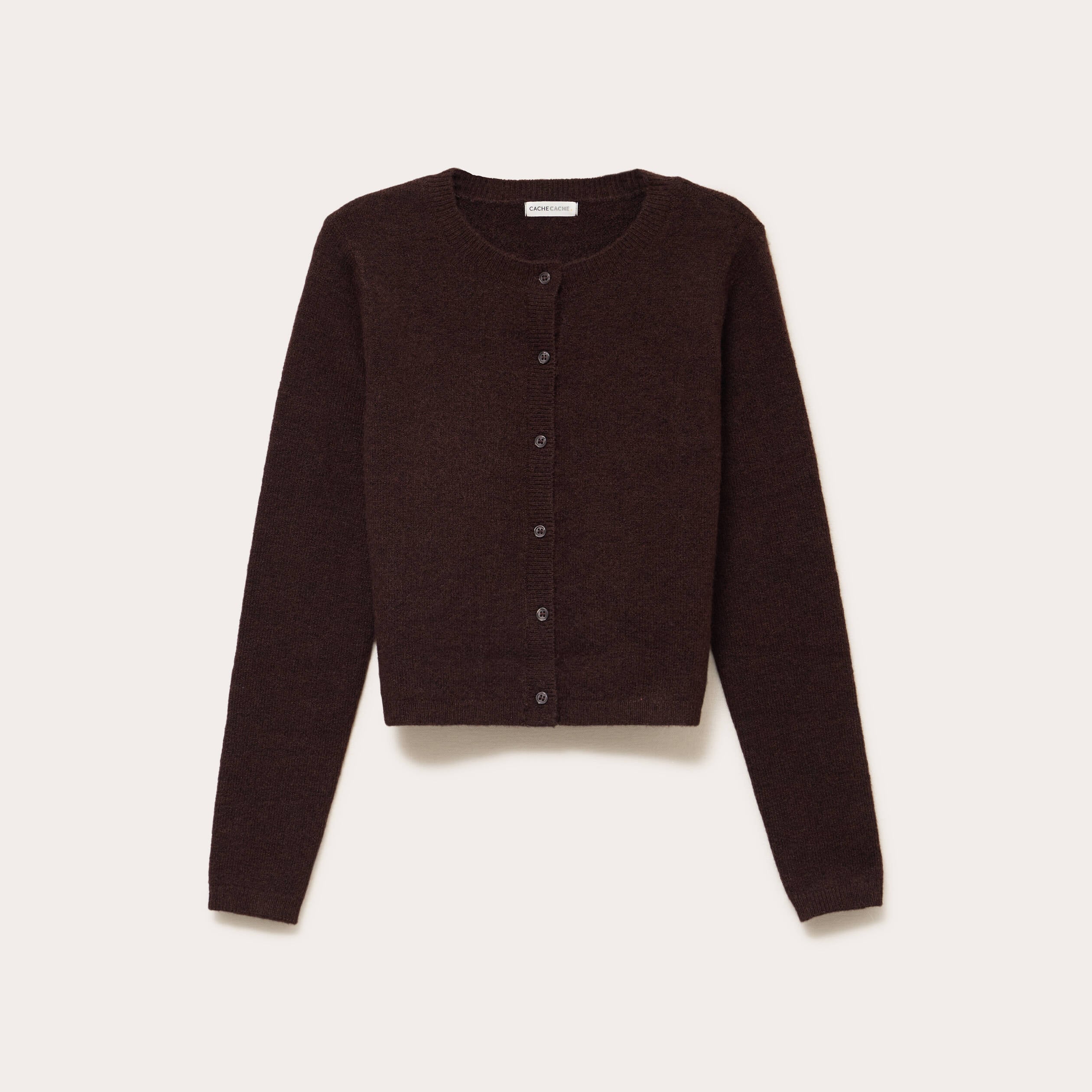 Gilet boutonn&eacute; manches longues marron fonc&eacute; femme