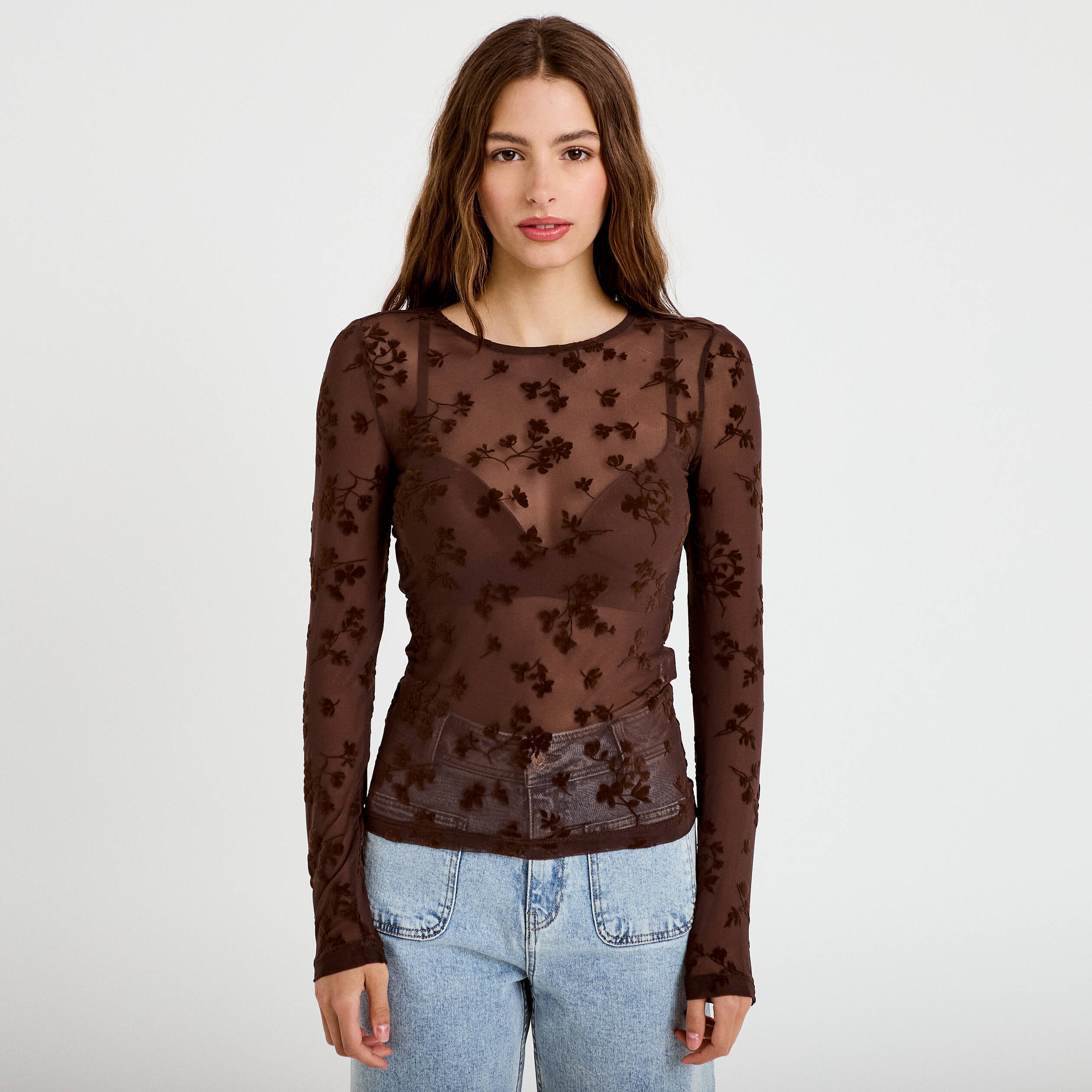 T-shirt ajust&eacute; manches longues marron cognac femme