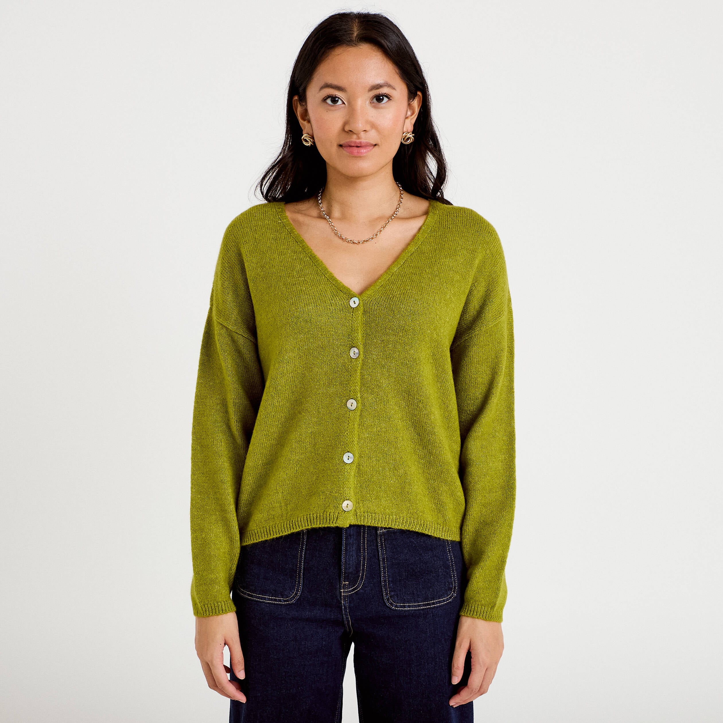 Gilet boutonn&eacute; avec col en V vert fonc&eacute; femme