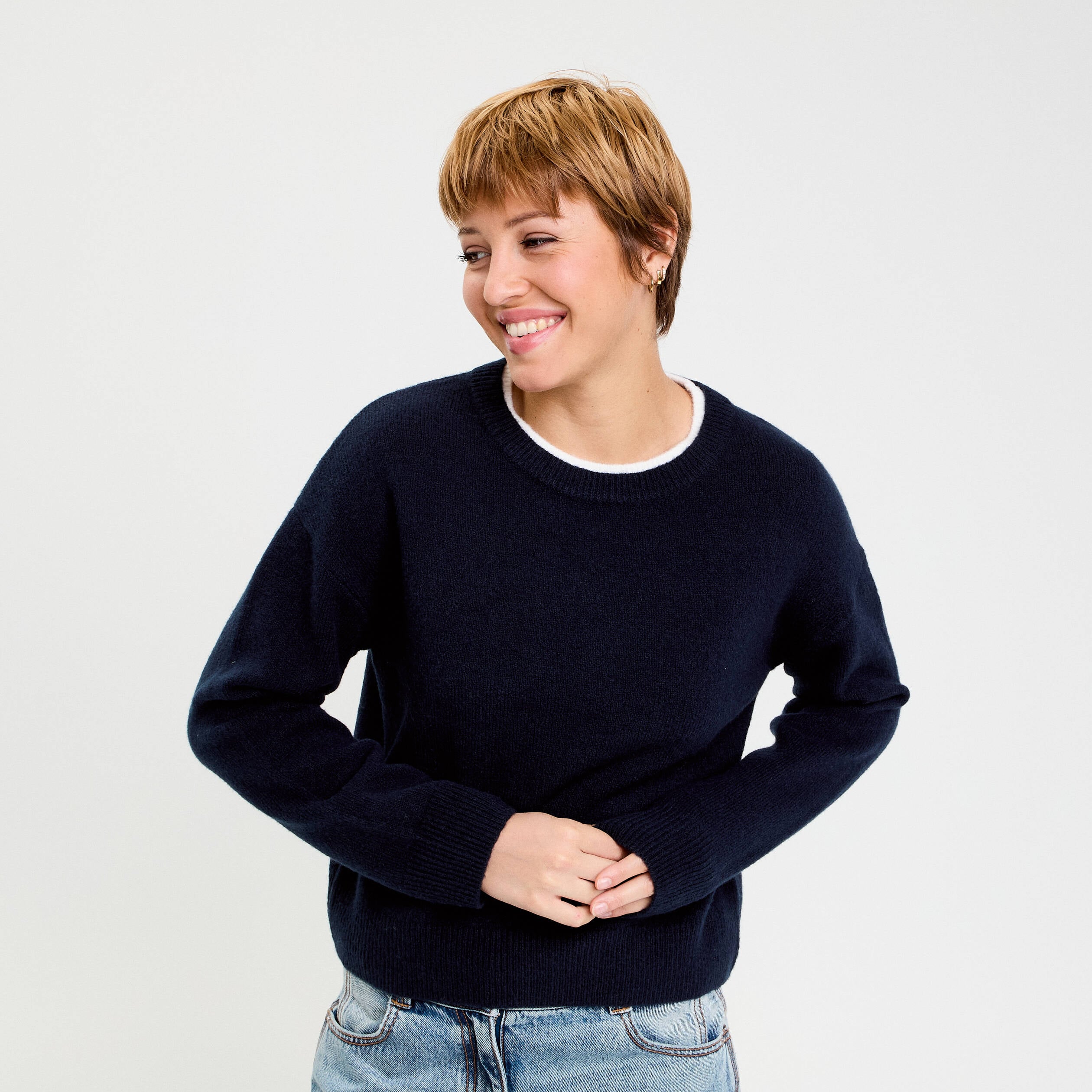 Pull col rond manches longues bleu marine femme