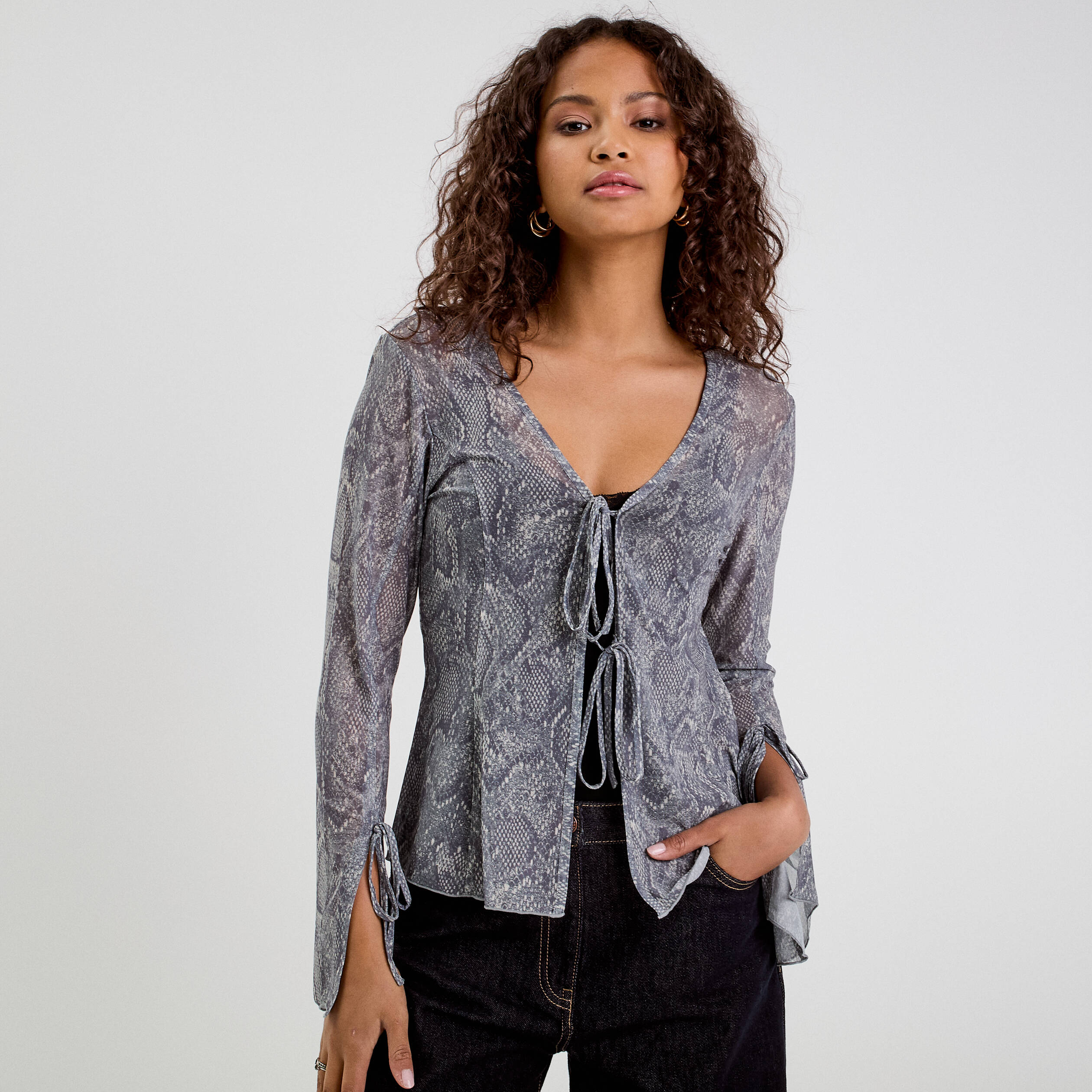 T-shirt manches longues noeuds bleu gris femme