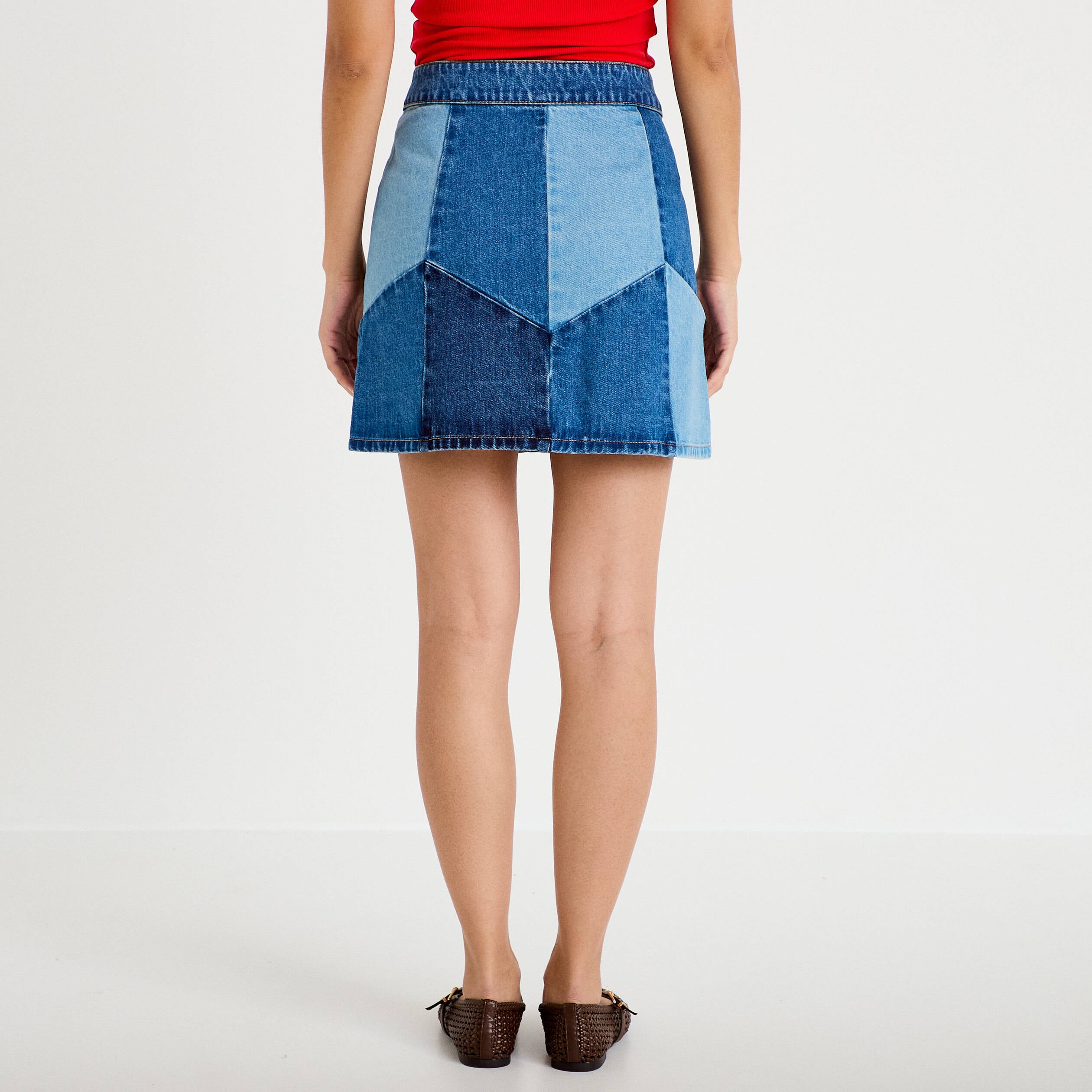 Jupe courte &eacute;vas&eacute;e taille haute en jean denim double stone femme