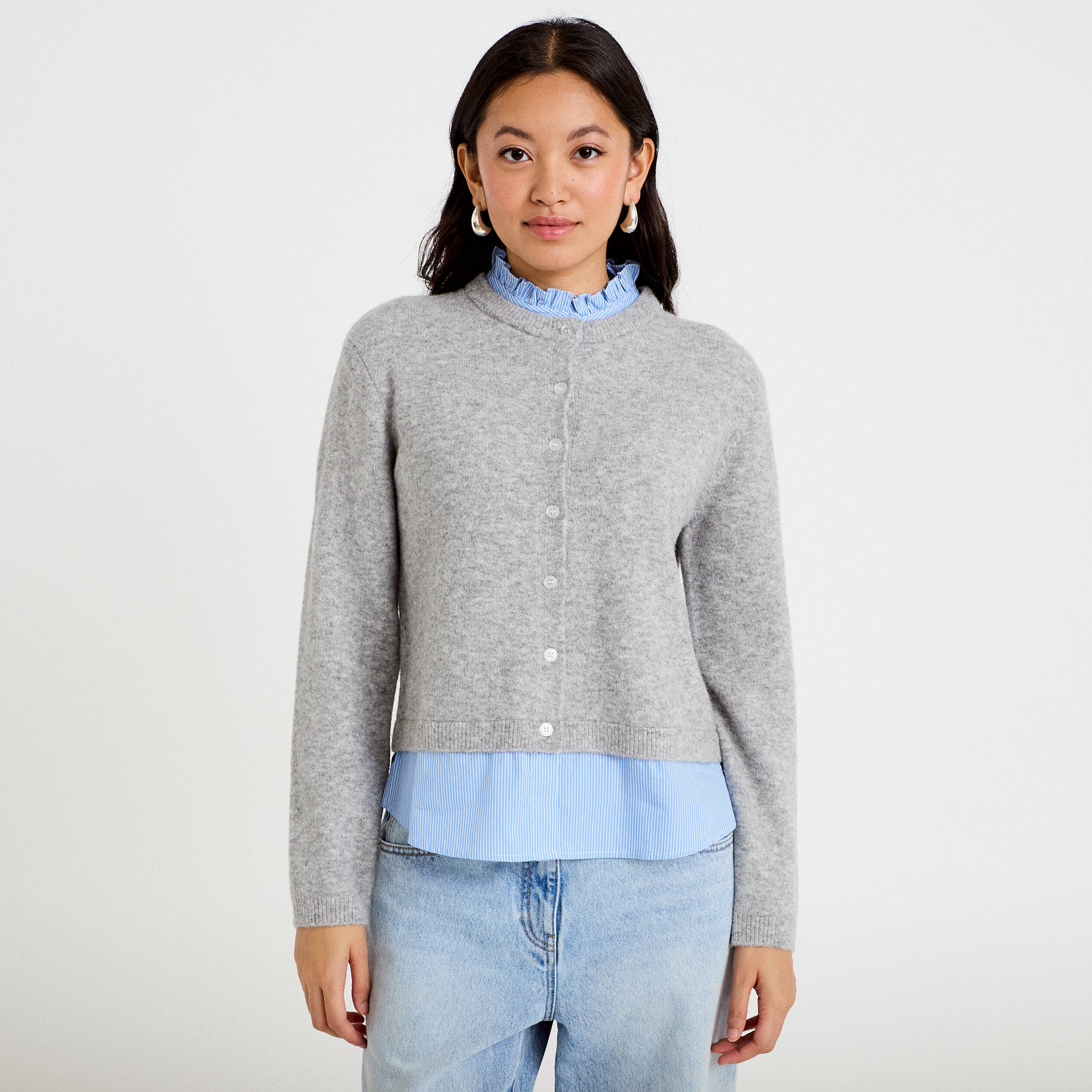 Gilet 2-en-1 col chemise manches longues gris clair femme
