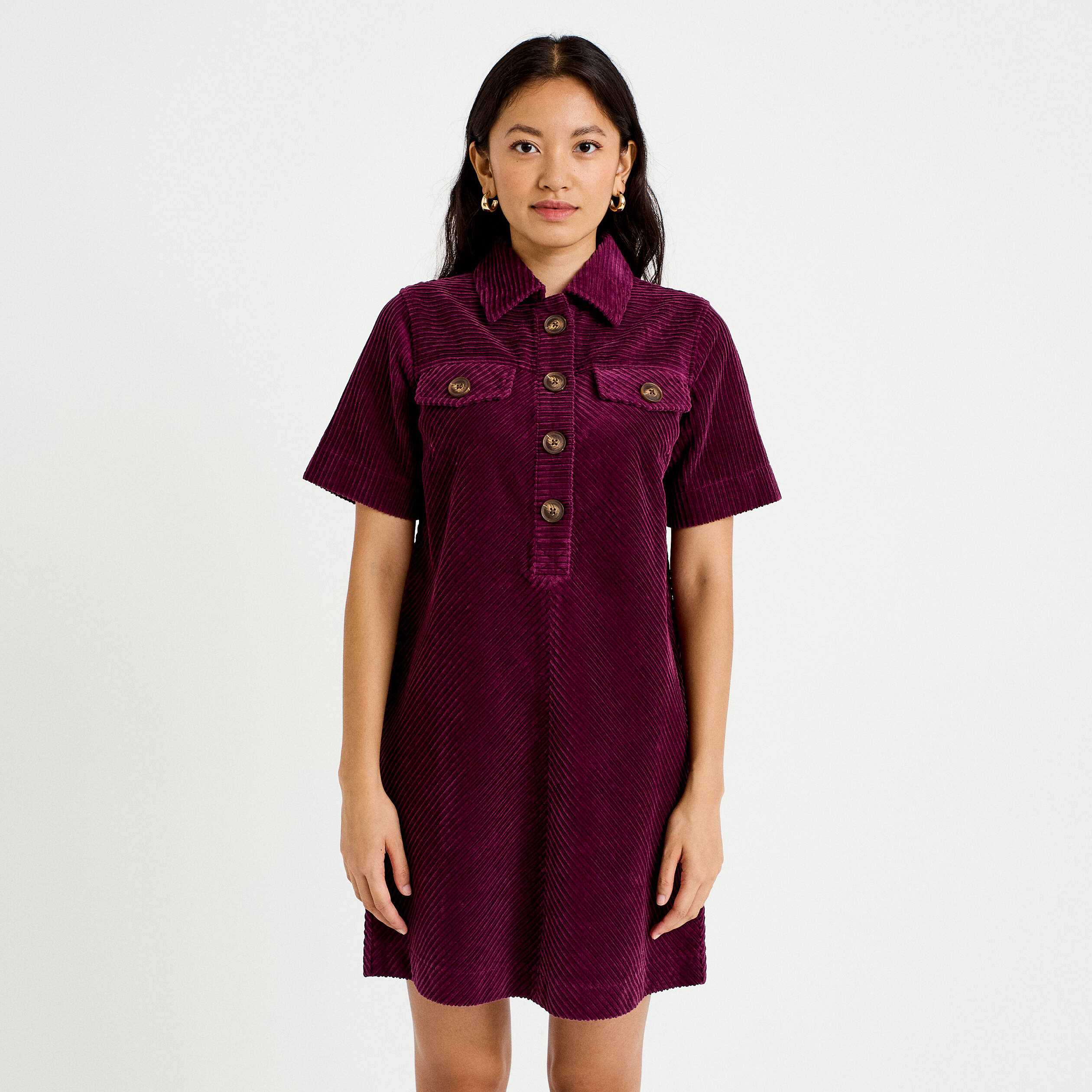 Robe courte droite en velours coton prune femme