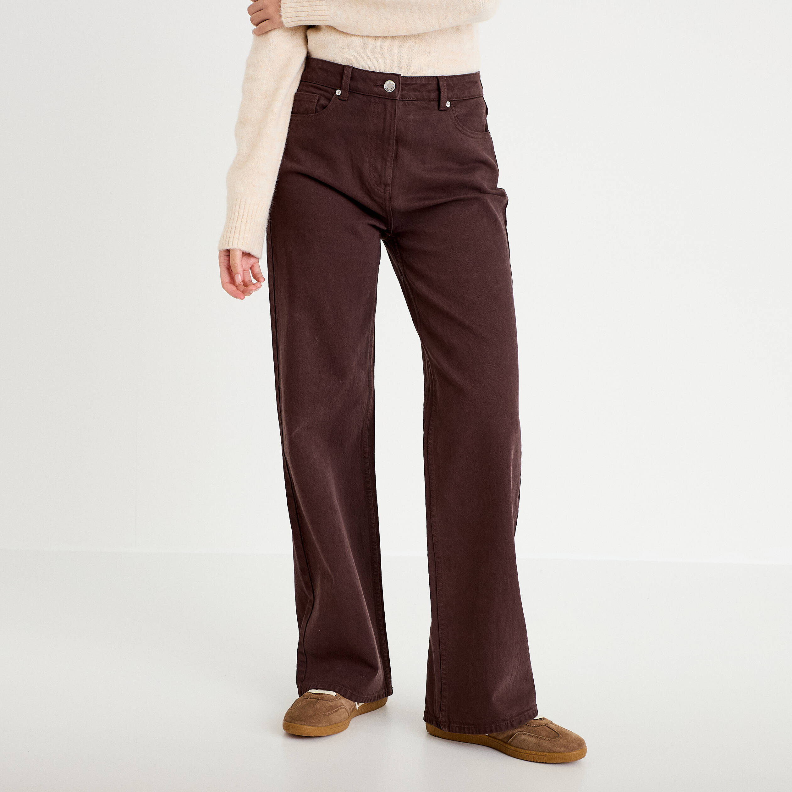 Jean wide leg taille haute marron fonc&eacute; femme