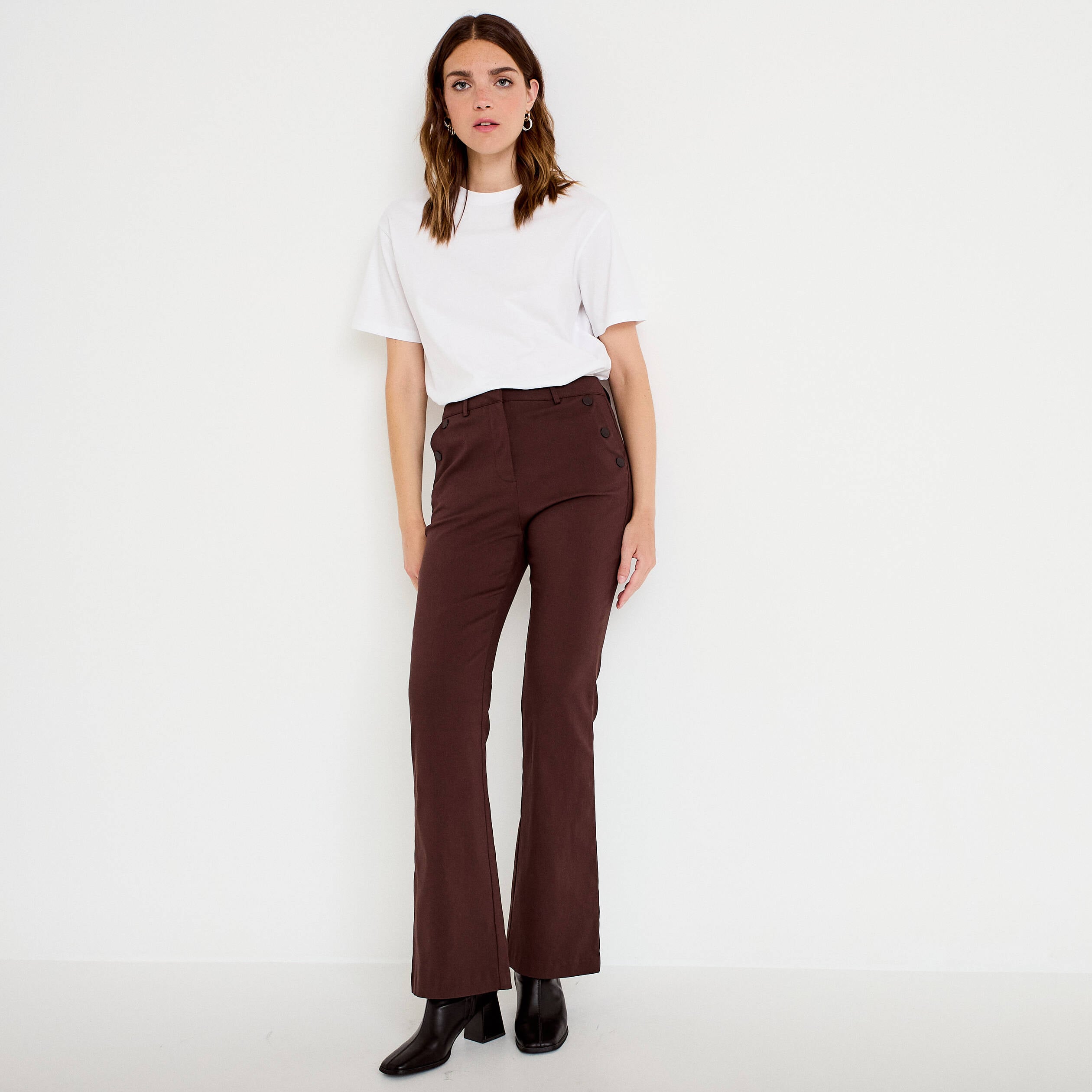 Pantalon bootcut &agrave; pont marron fonc&eacute; femme