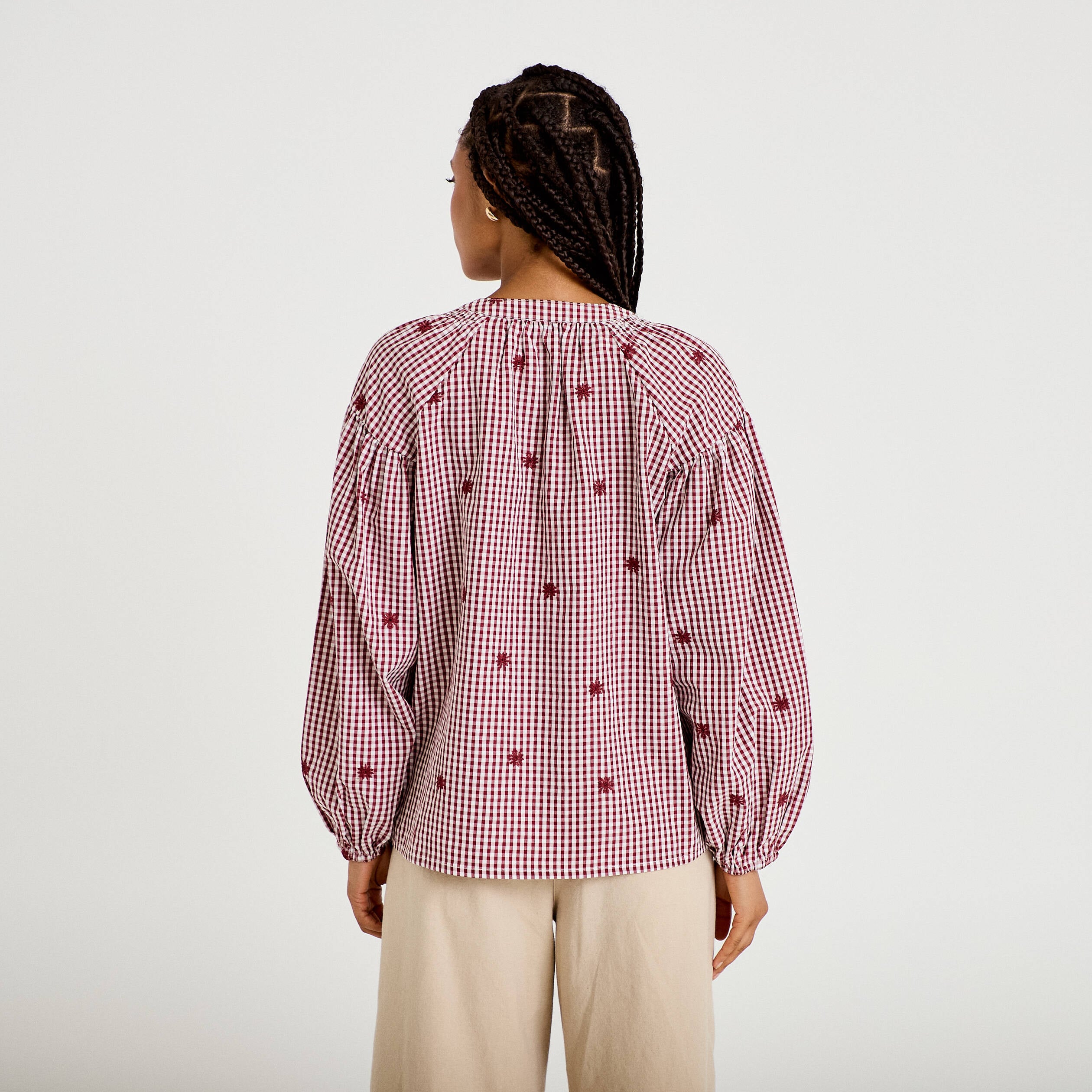 Blouse vichy brod&eacute;e rouge femme