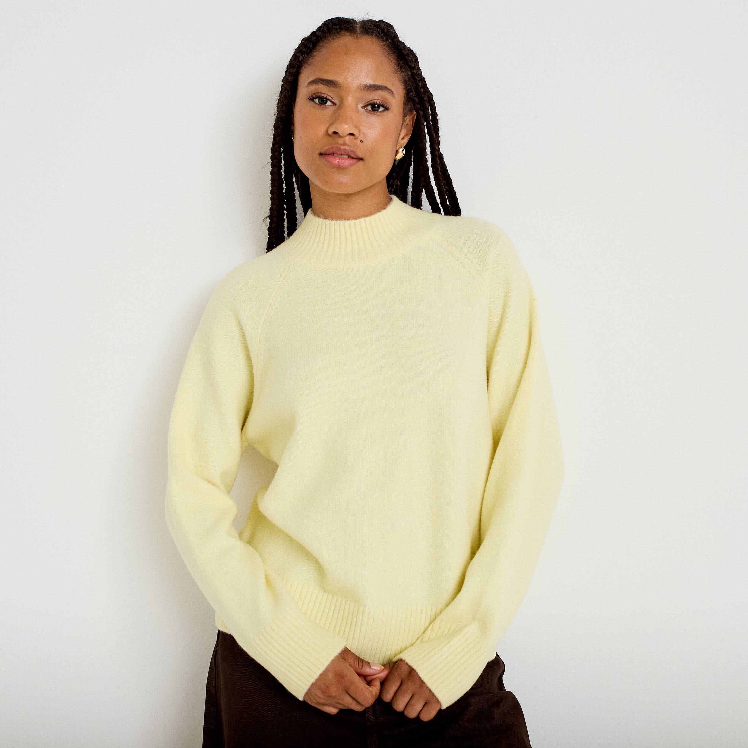 Pull col montant manches longues jaune clair femme