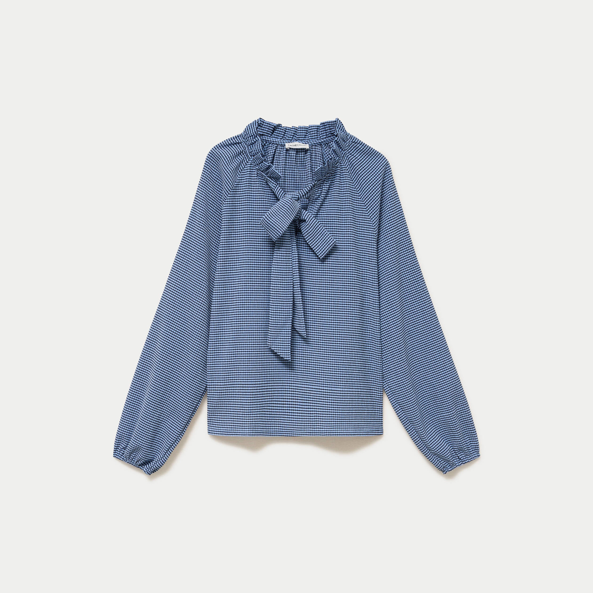 Blouse col montant manches longues bleu femme