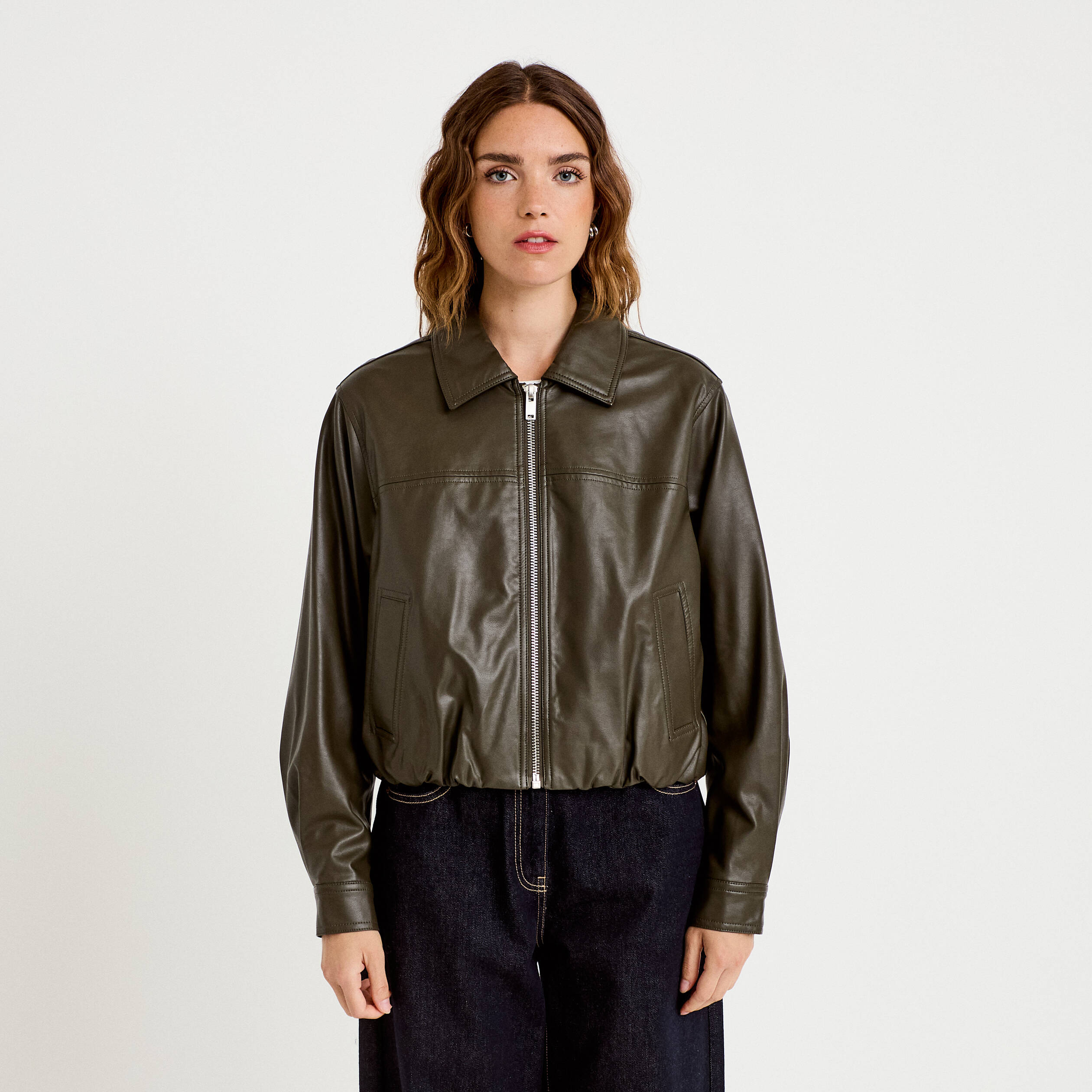 Veste effet boule manches longues vert kaki femme