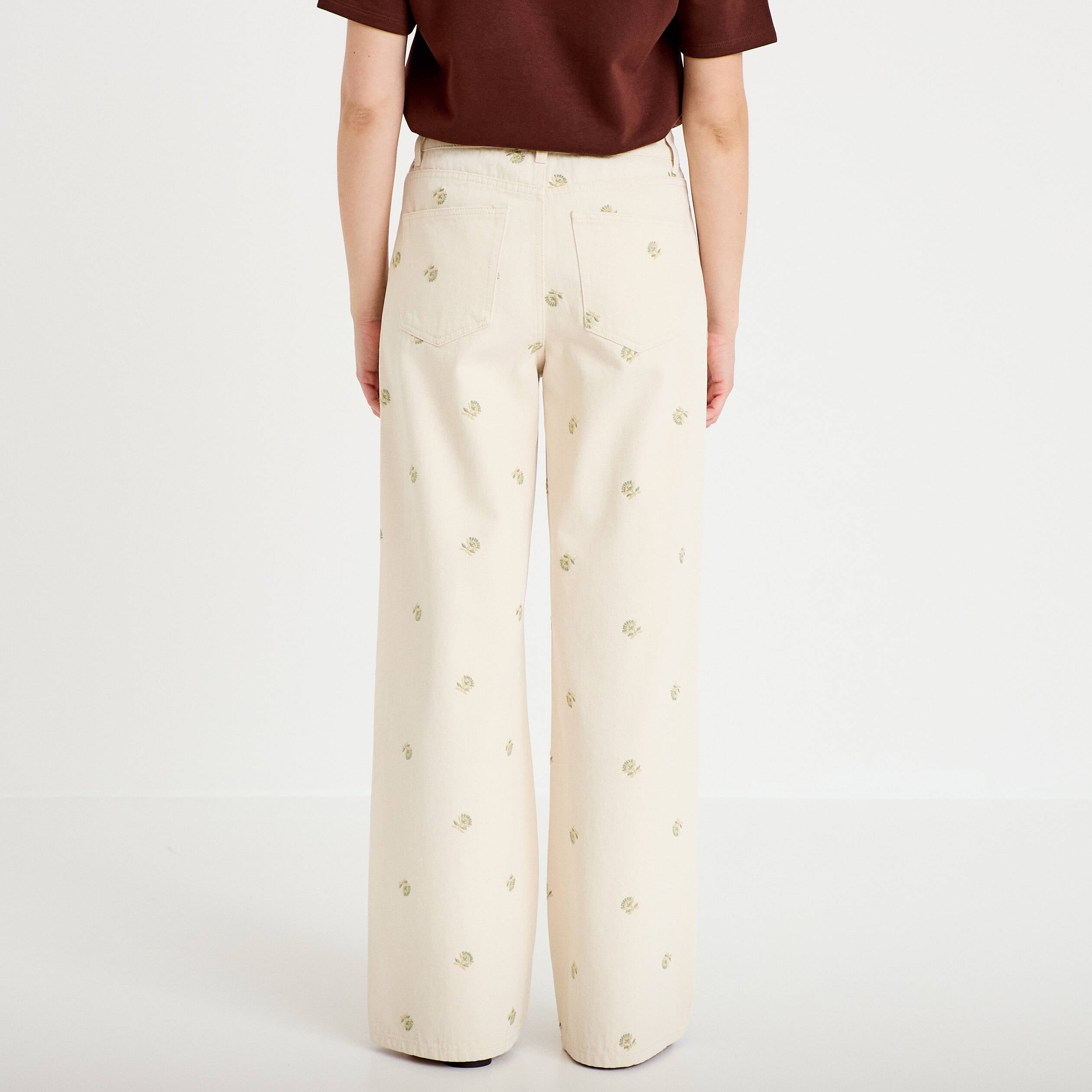 Jean wide leg taille haute brod&eacute; denim blanc femme