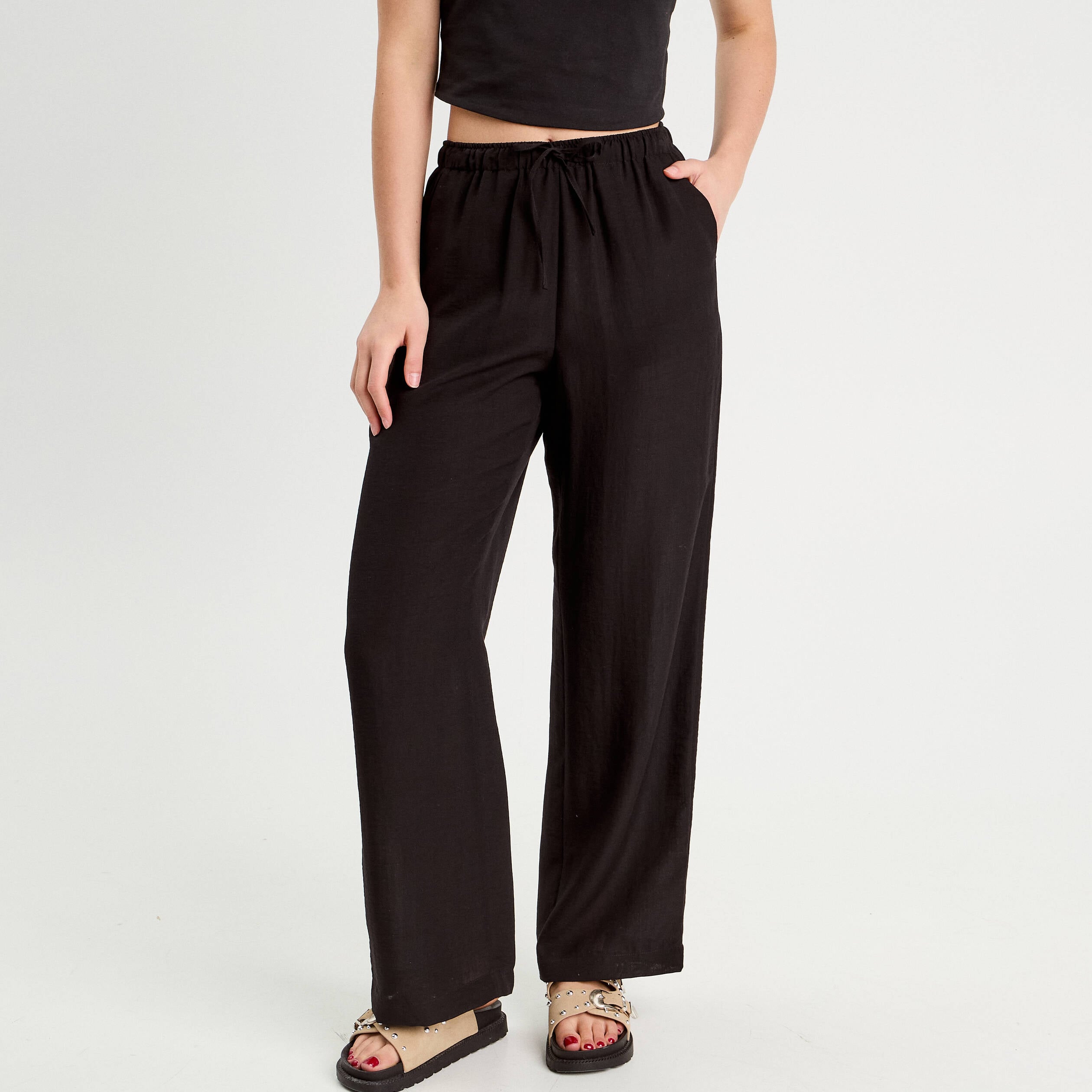 Pantalon large taille haute en cr&ecirc;pe noir femme