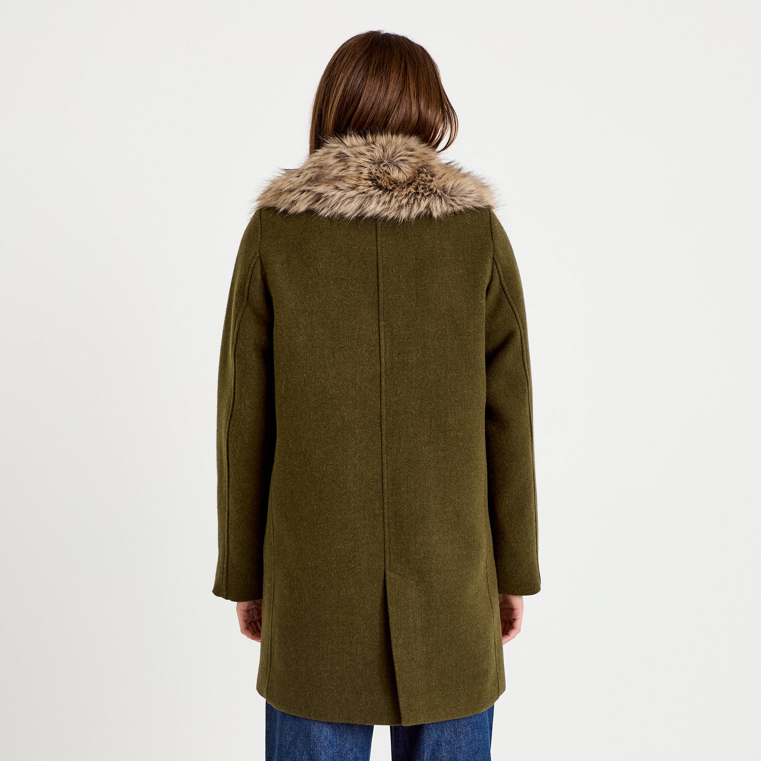 Manteau droit mi-long col tailleur vert kaki femme