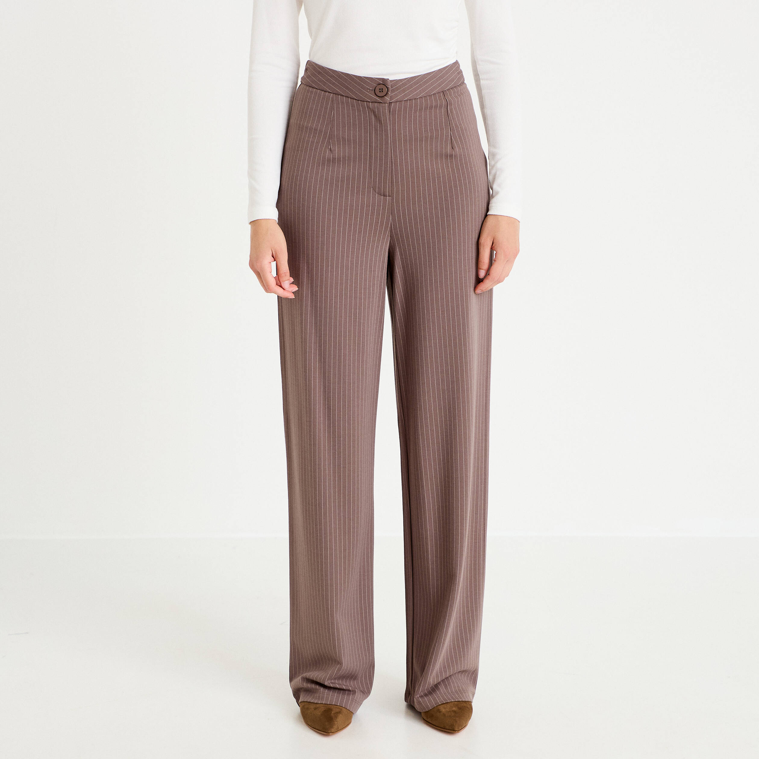 Pantalon large taille haute taupe femme
