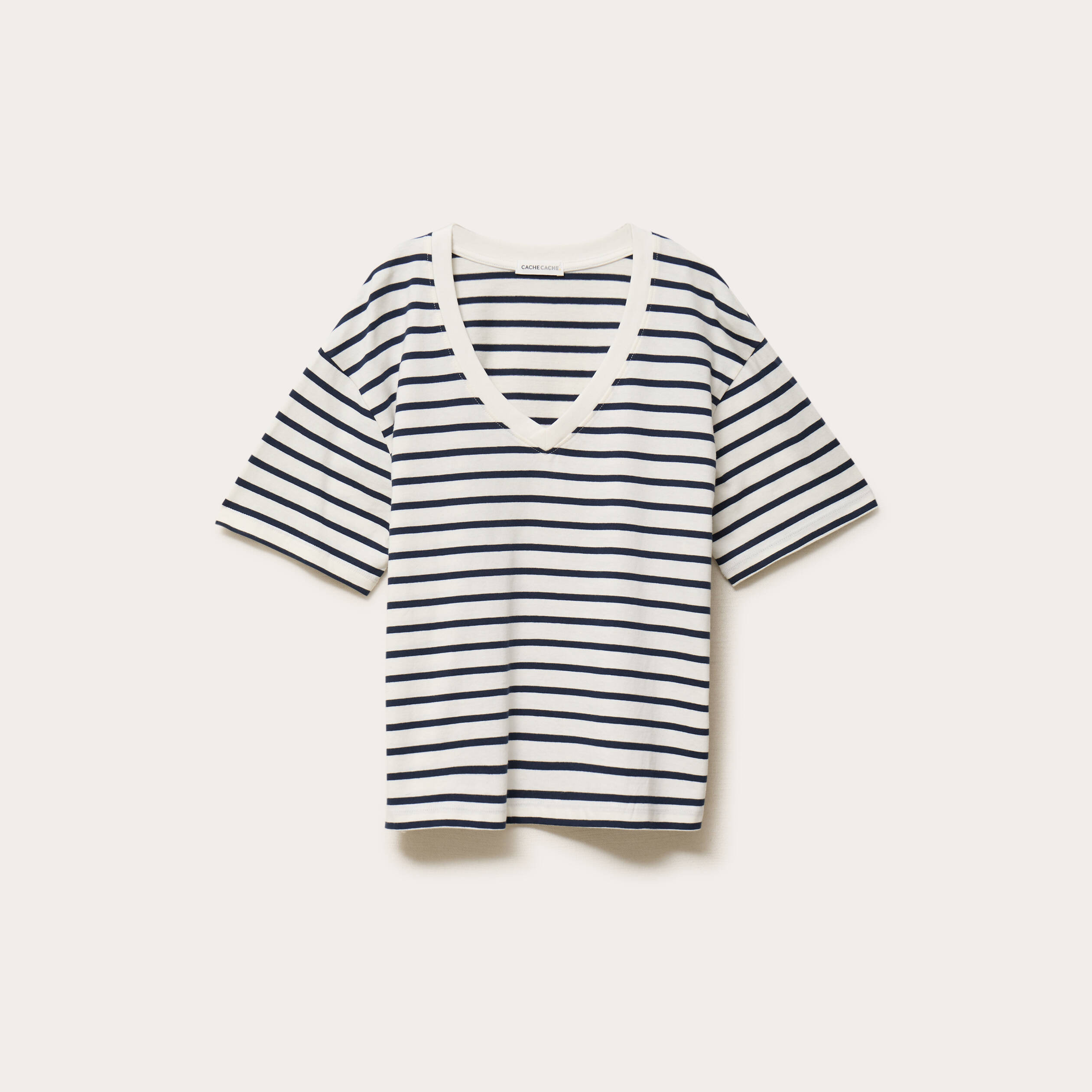 T-shirt col v manches courtes bleu fonc&eacute; femme