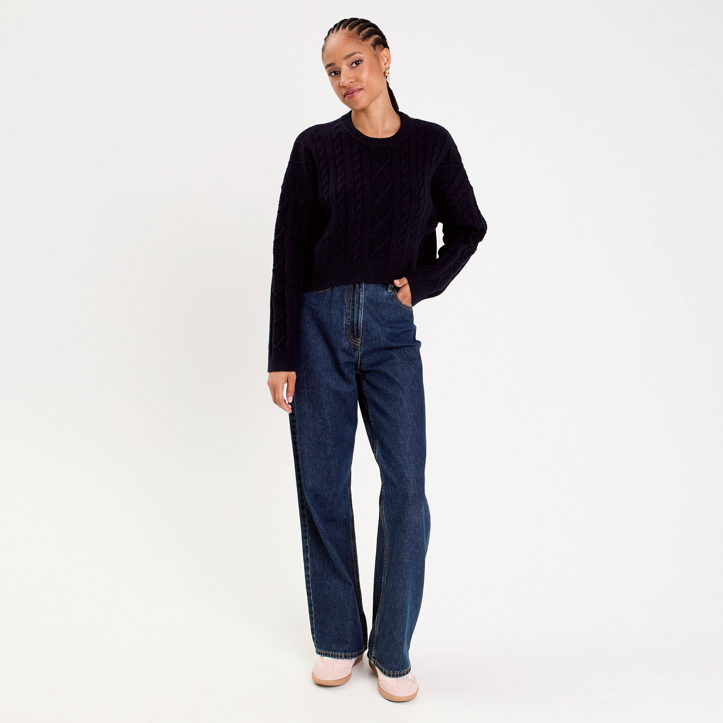Pull avec torsades bleu marine femme