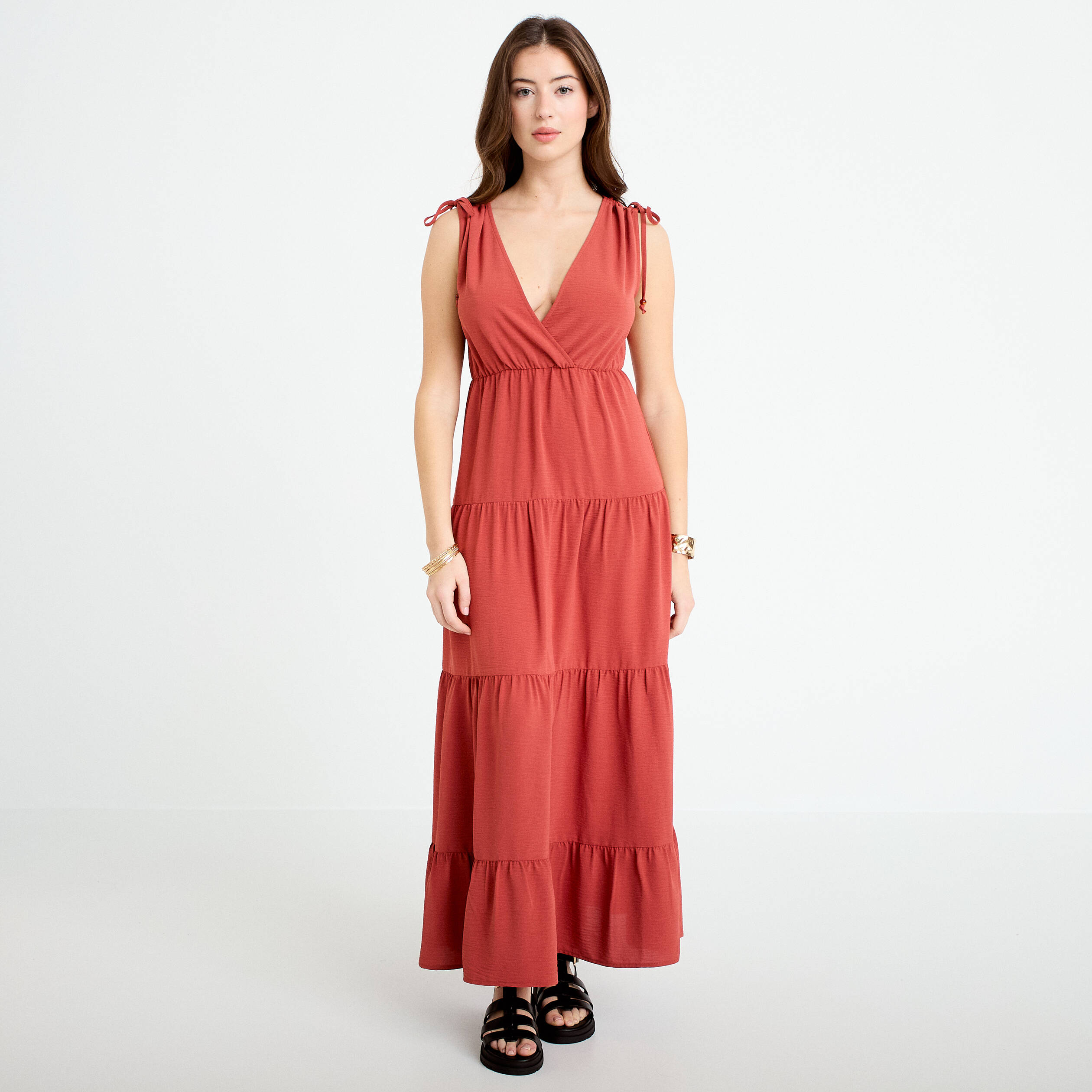 Robe longue &eacute;vas&eacute;e col V vieux rose femme