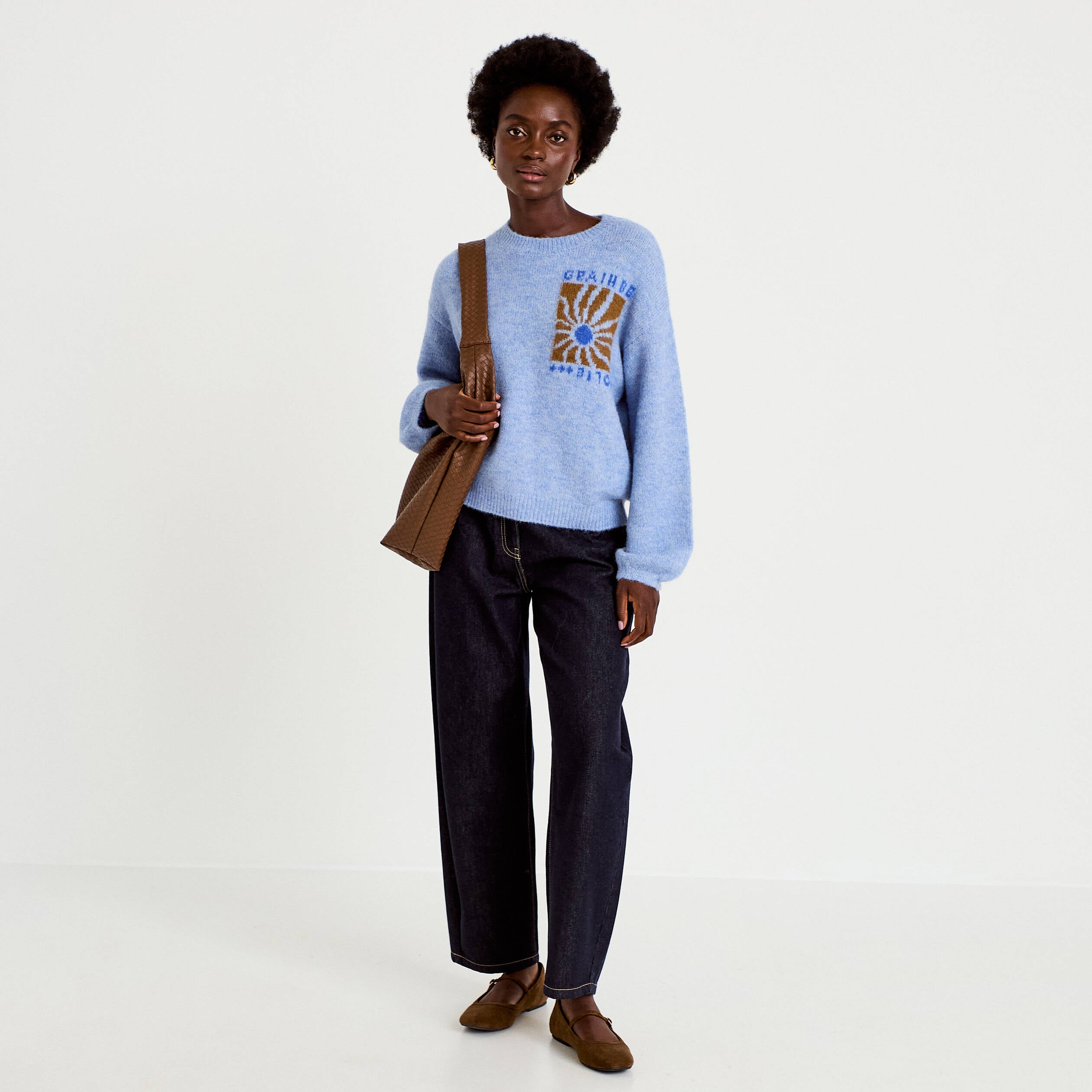 Pull ample col rond manches longues bleu ciel femme