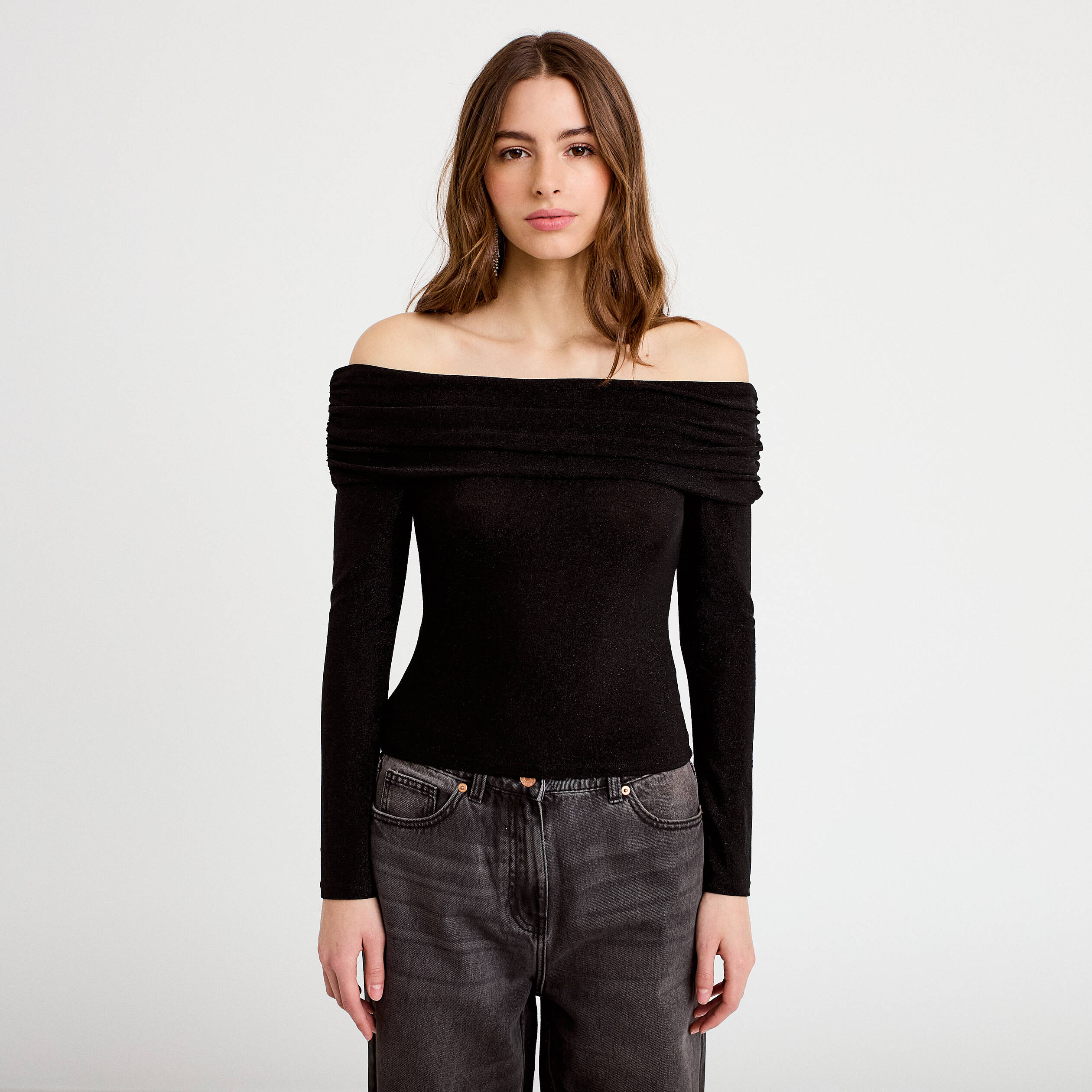 T-shirt col bardot brillant noir femme