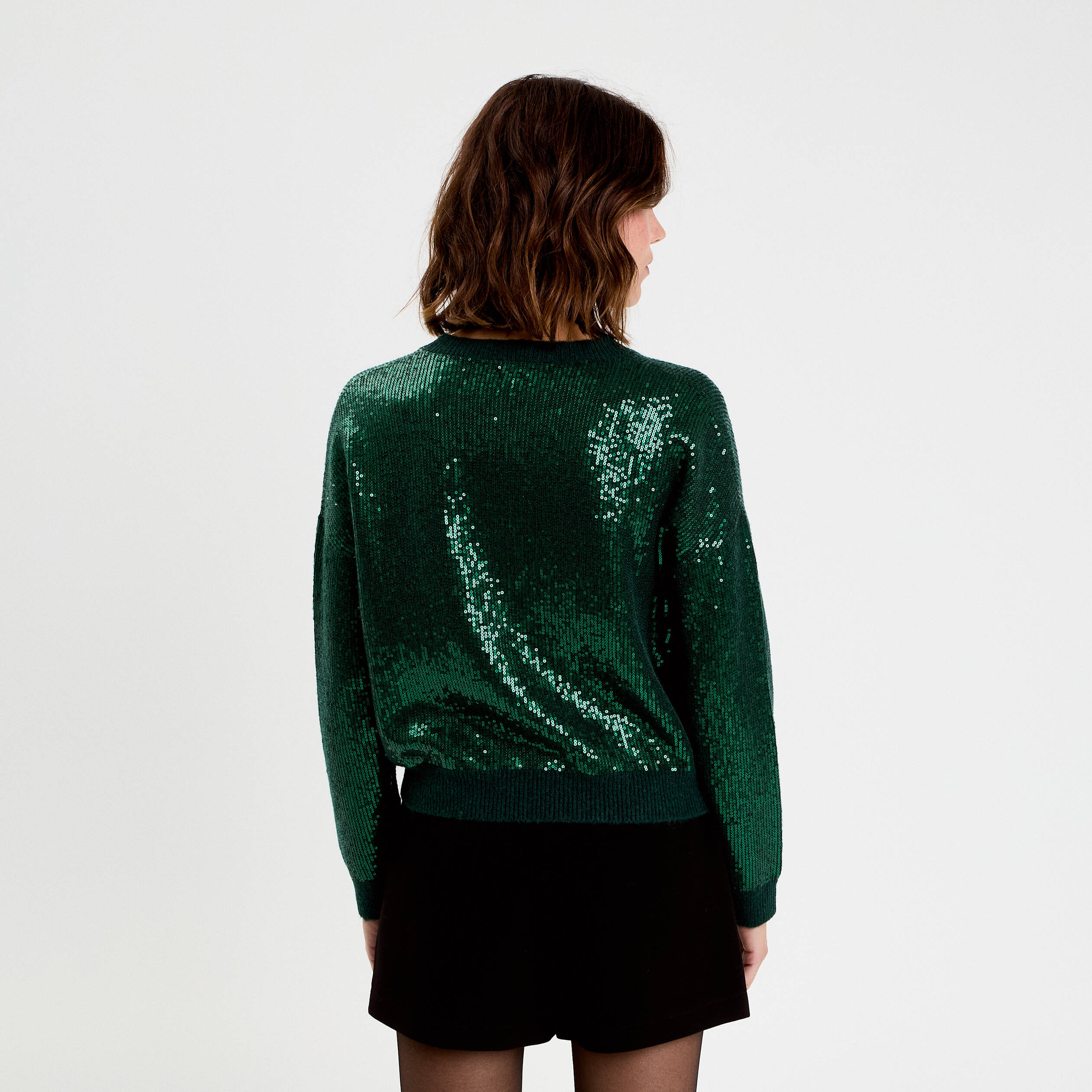 Pull manches longues avec sequins vert fonc&eacute; femme