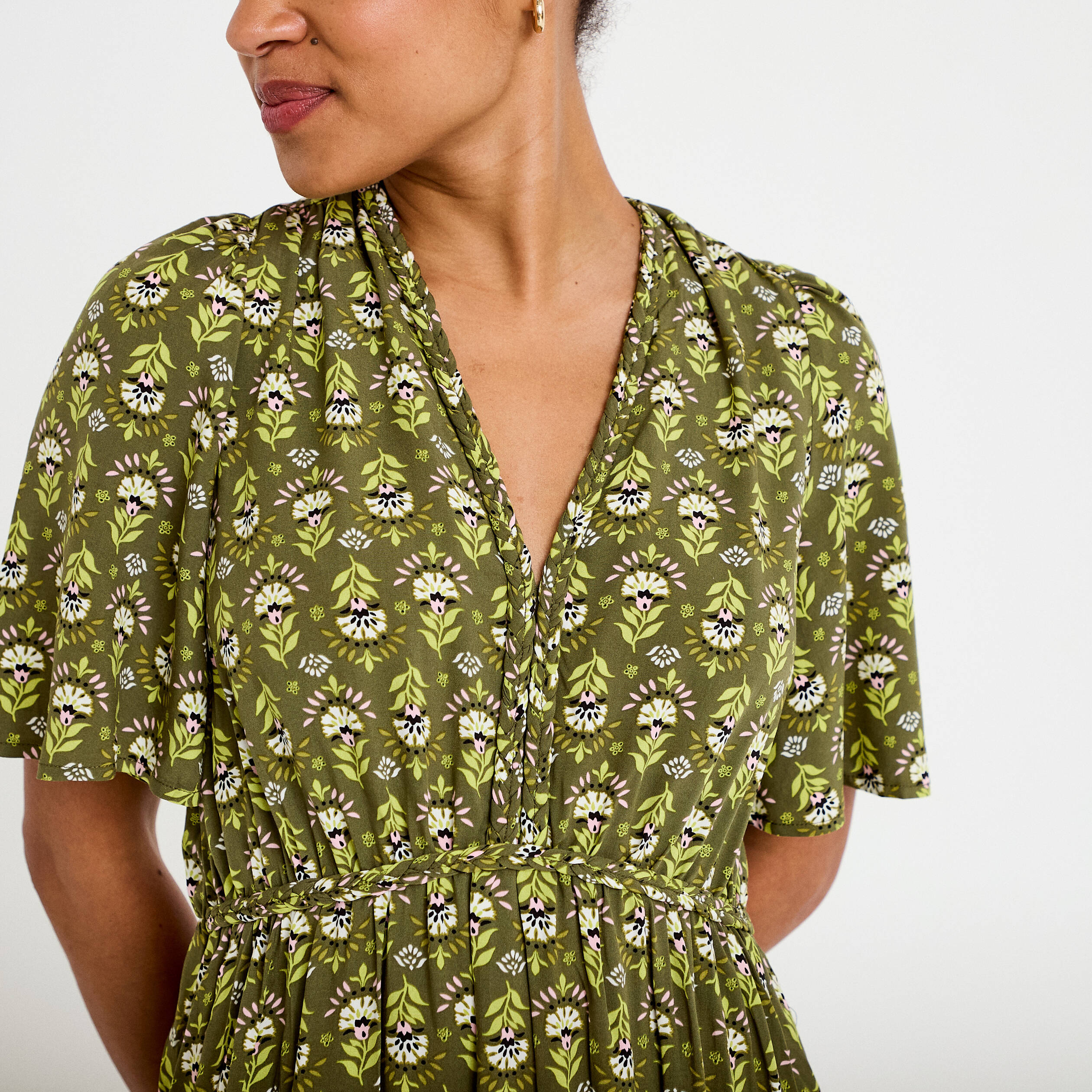 Robe longue manches courtes vert femme