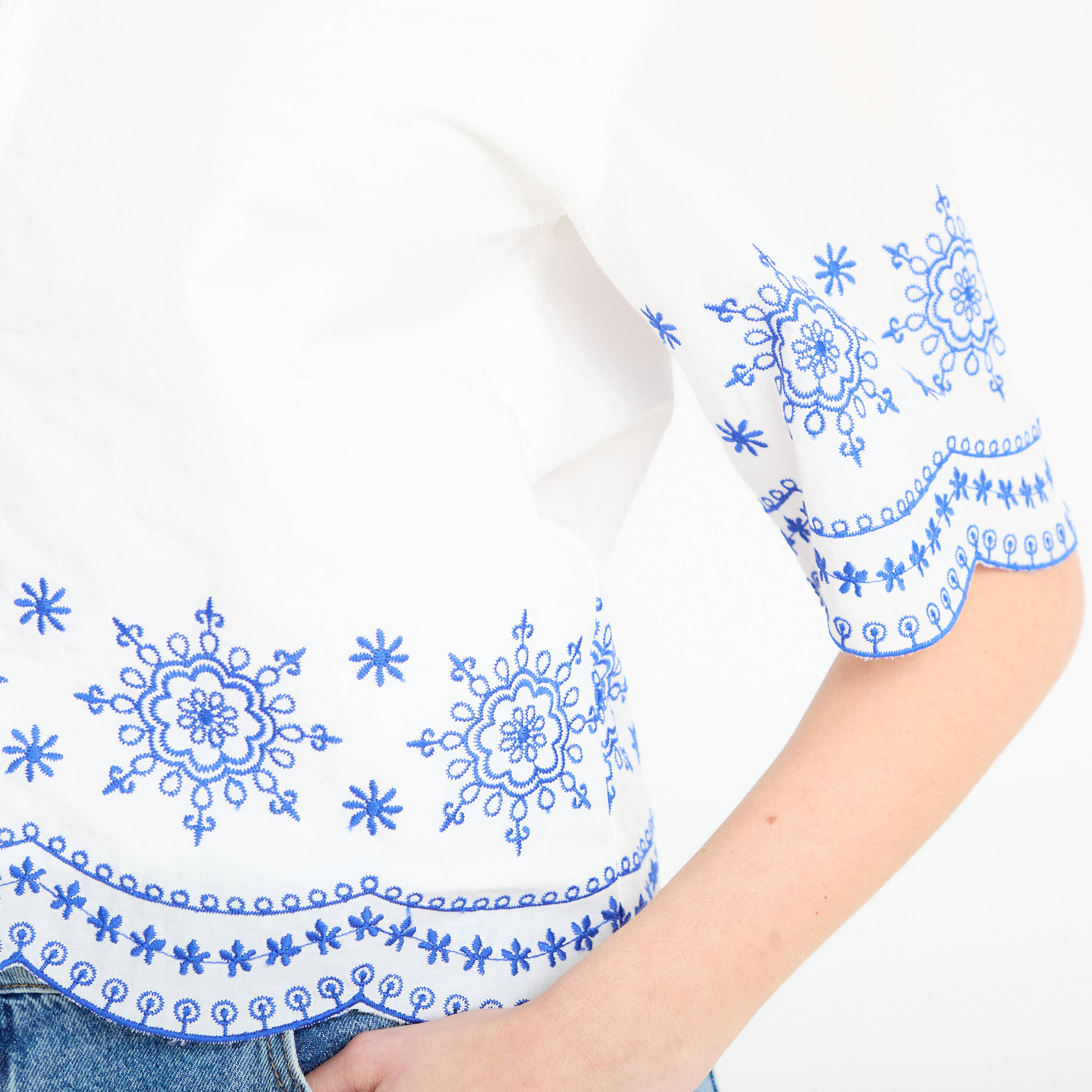 Chemise brod&eacute;e manches courtes ecru femme