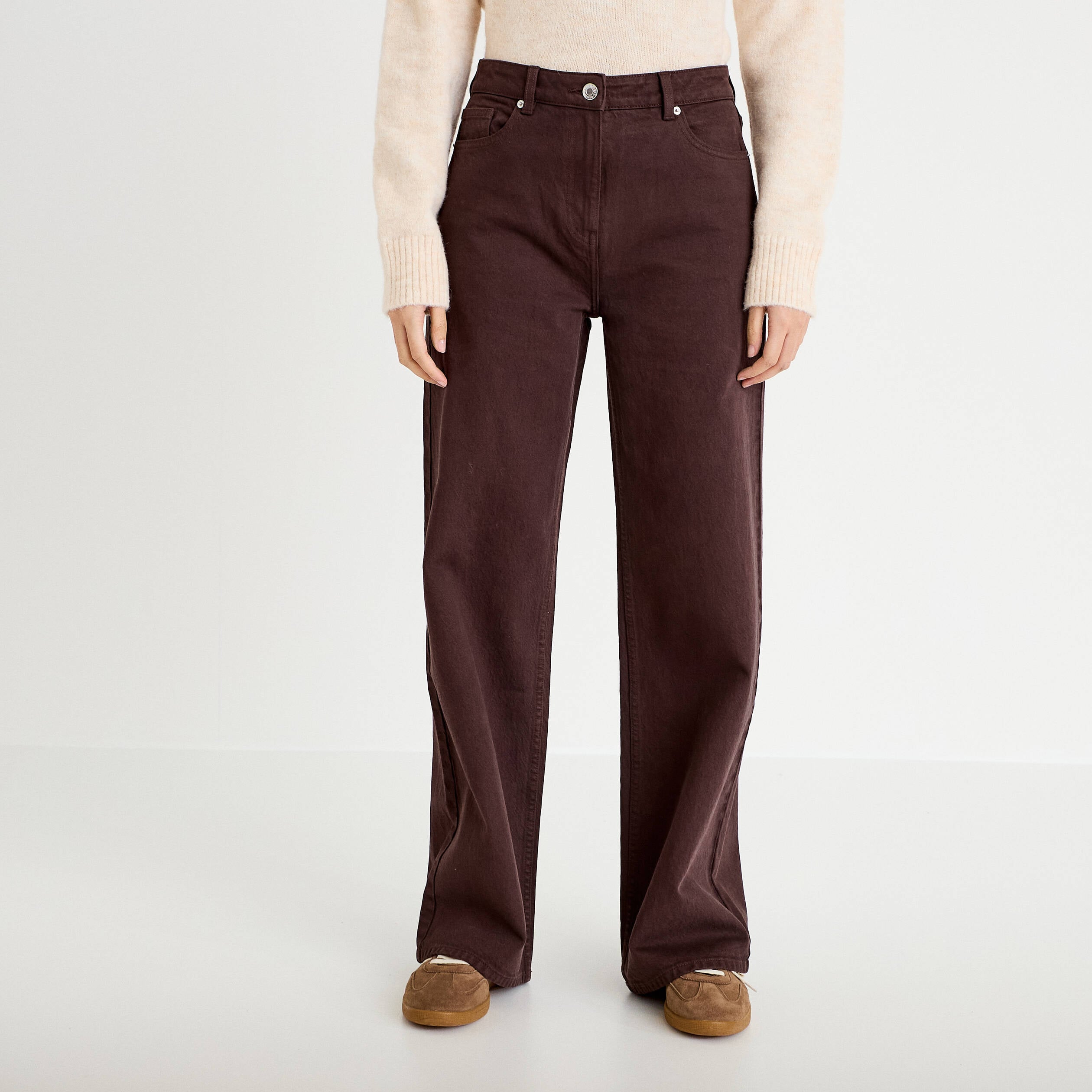 Jean wide leg taille haute marron fonc&eacute; femme