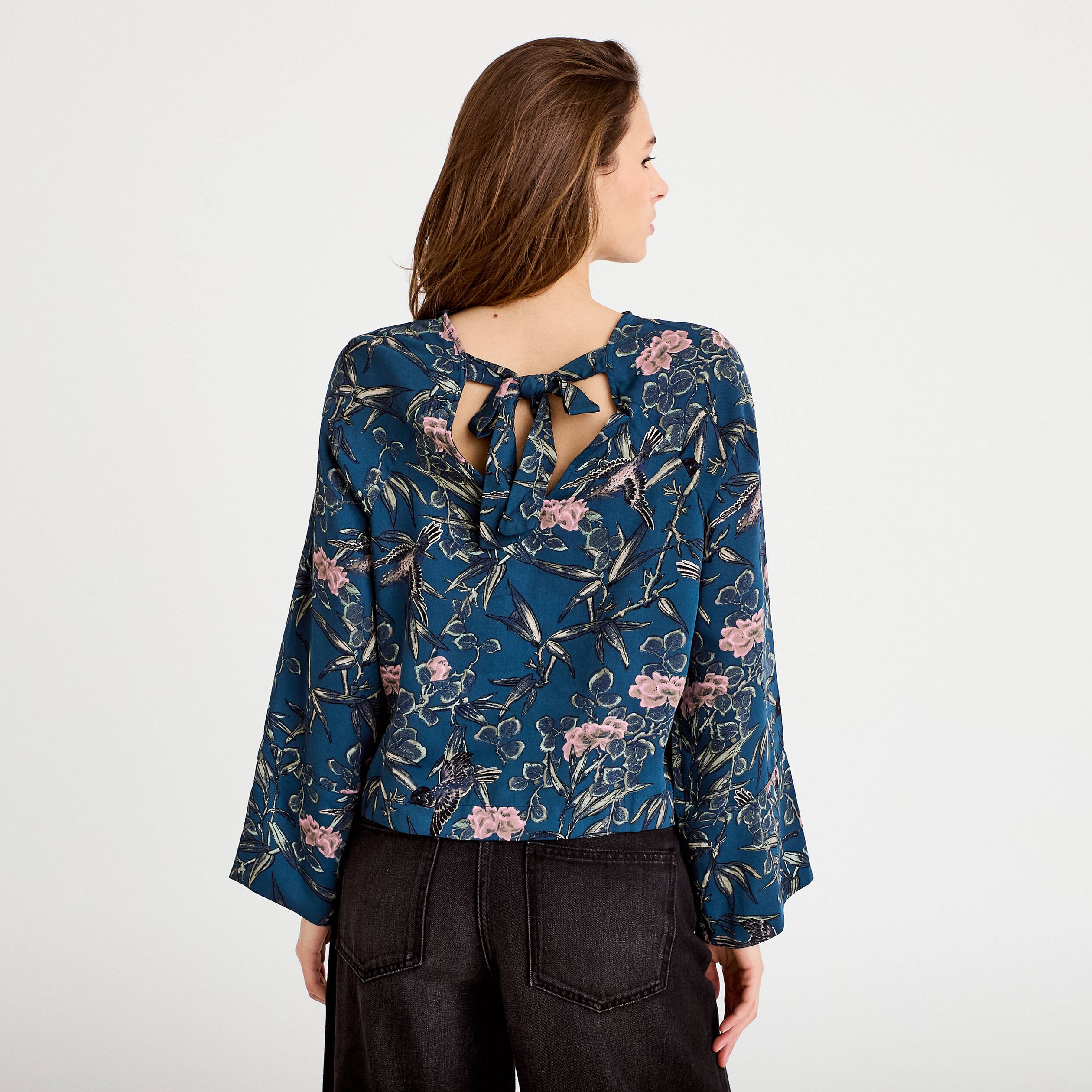 Blouse manches longues encolure bateau bleu p&eacute;trole femme