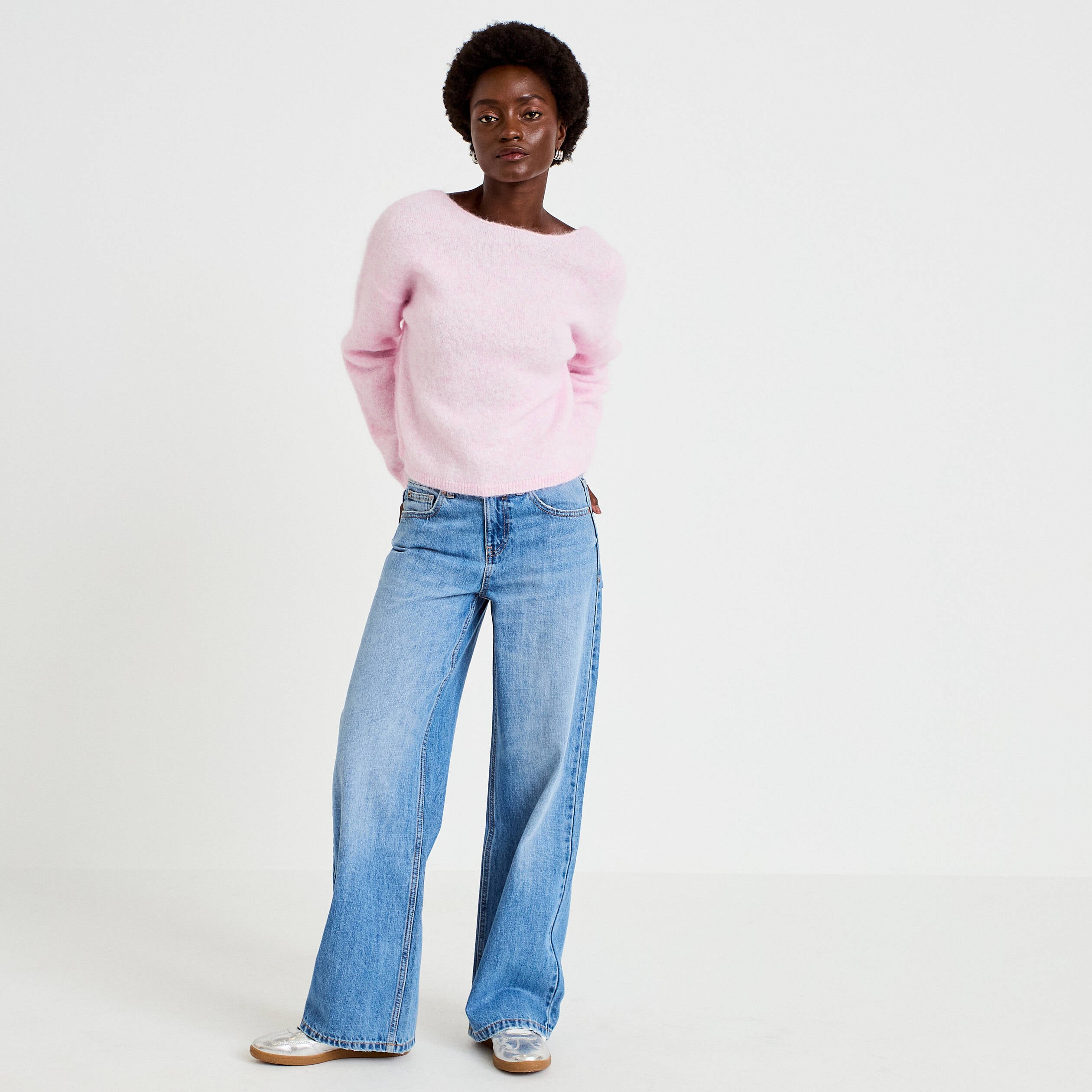 Pull col rond manches longues rose clair femme