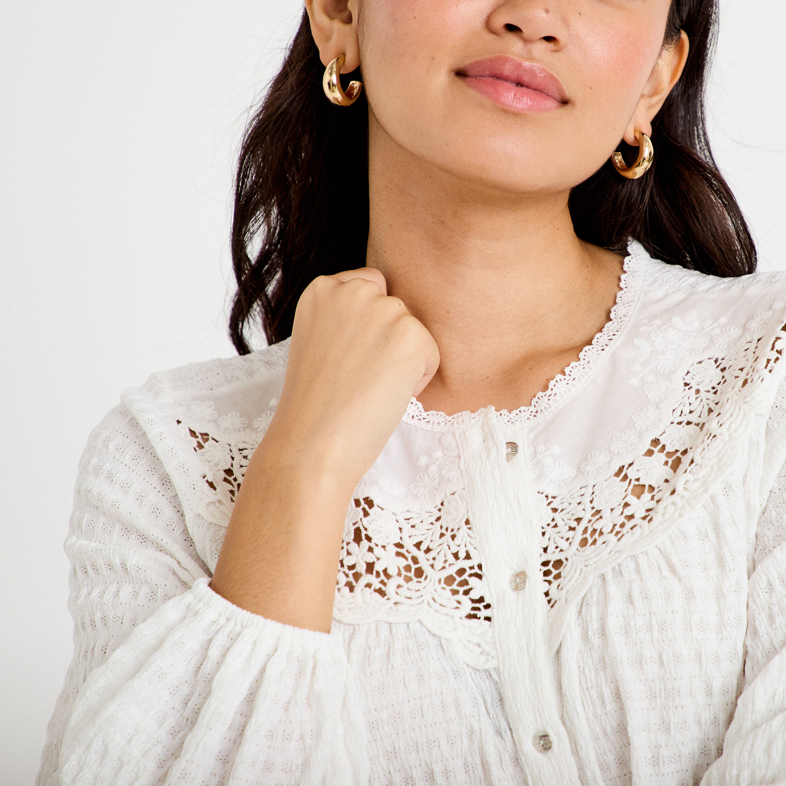 Blouse col rond manches longues ecru femme