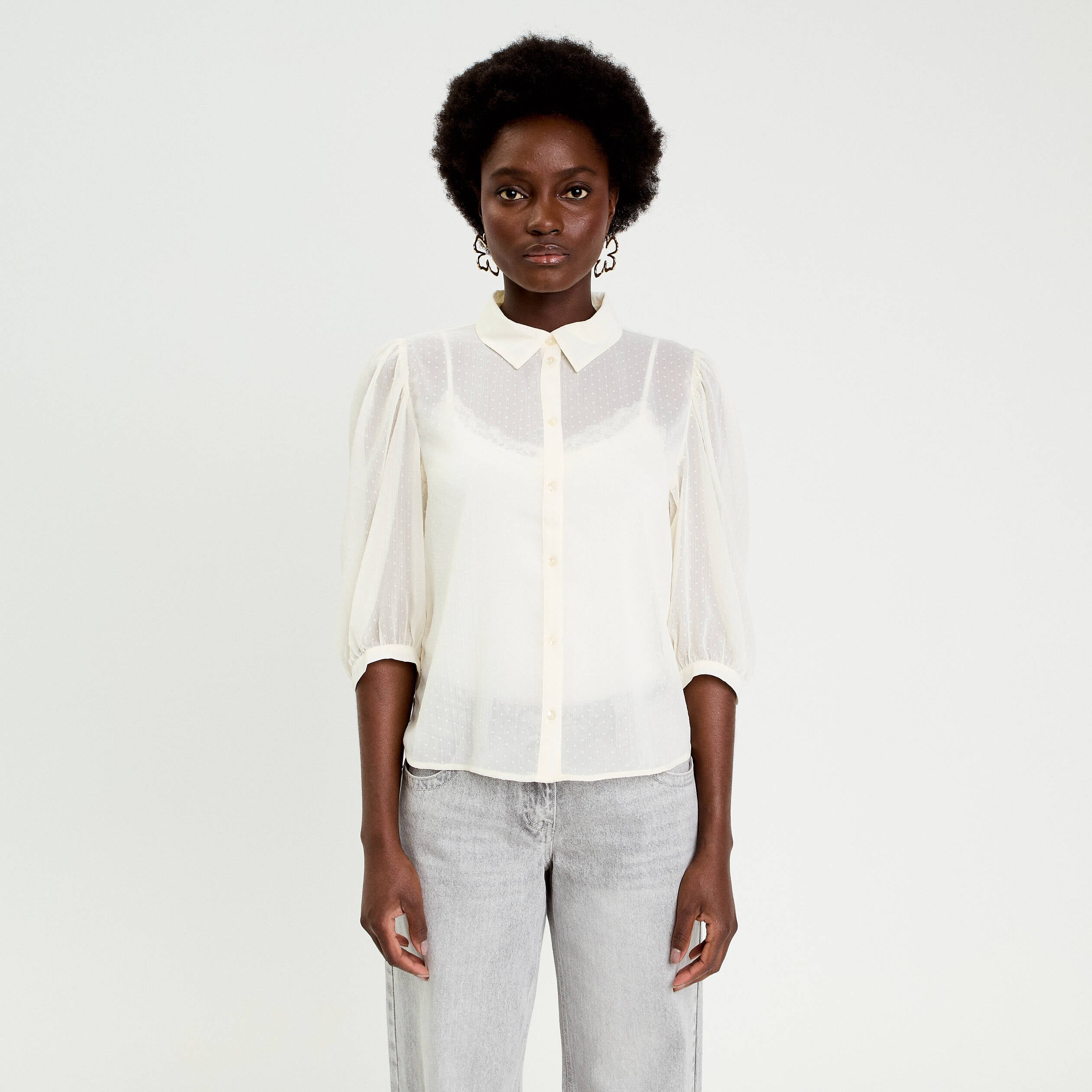 Chemise droite courte voile manches 3/4 ecru femme