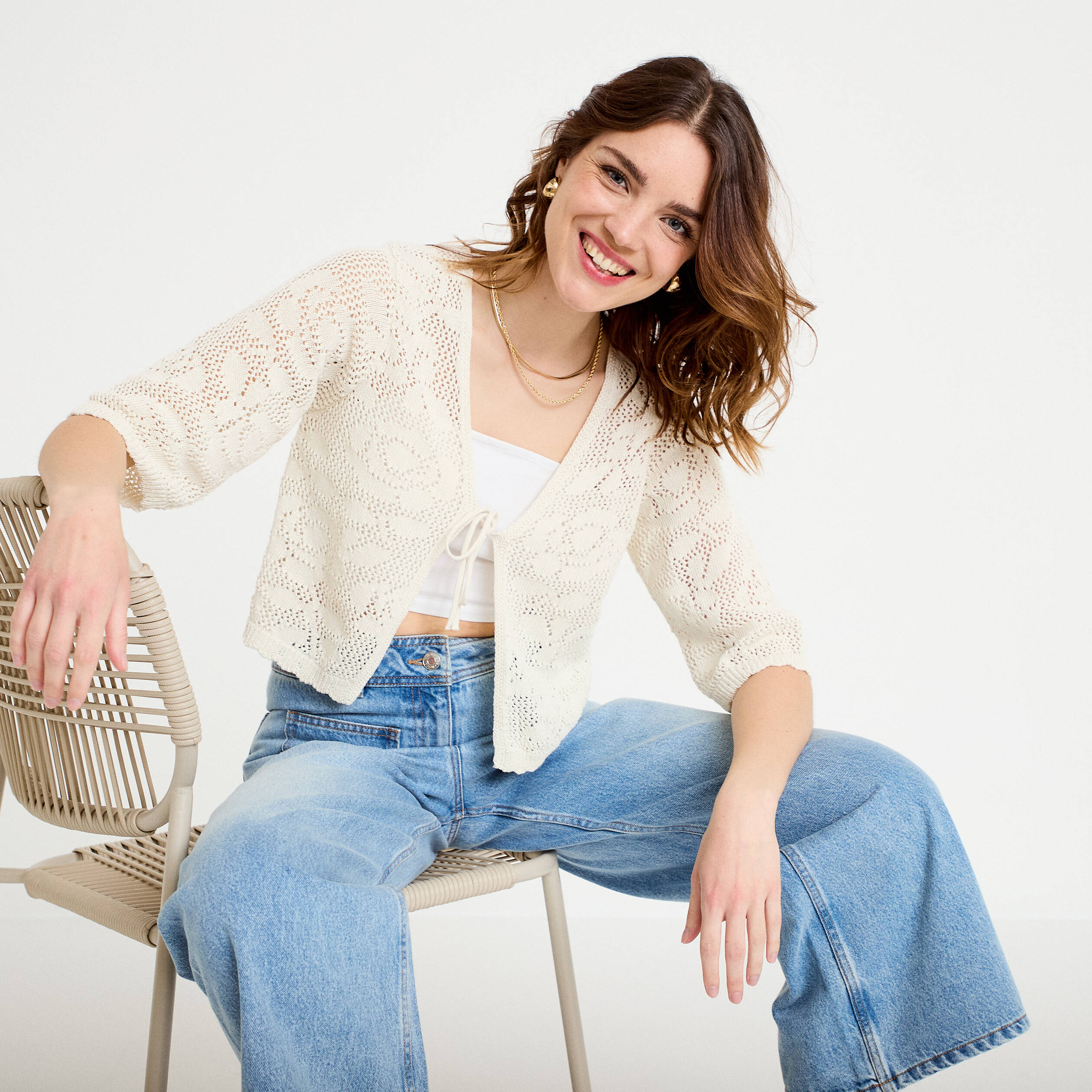 Gilet col v manches 3/4 aspect dentelle ecru femme