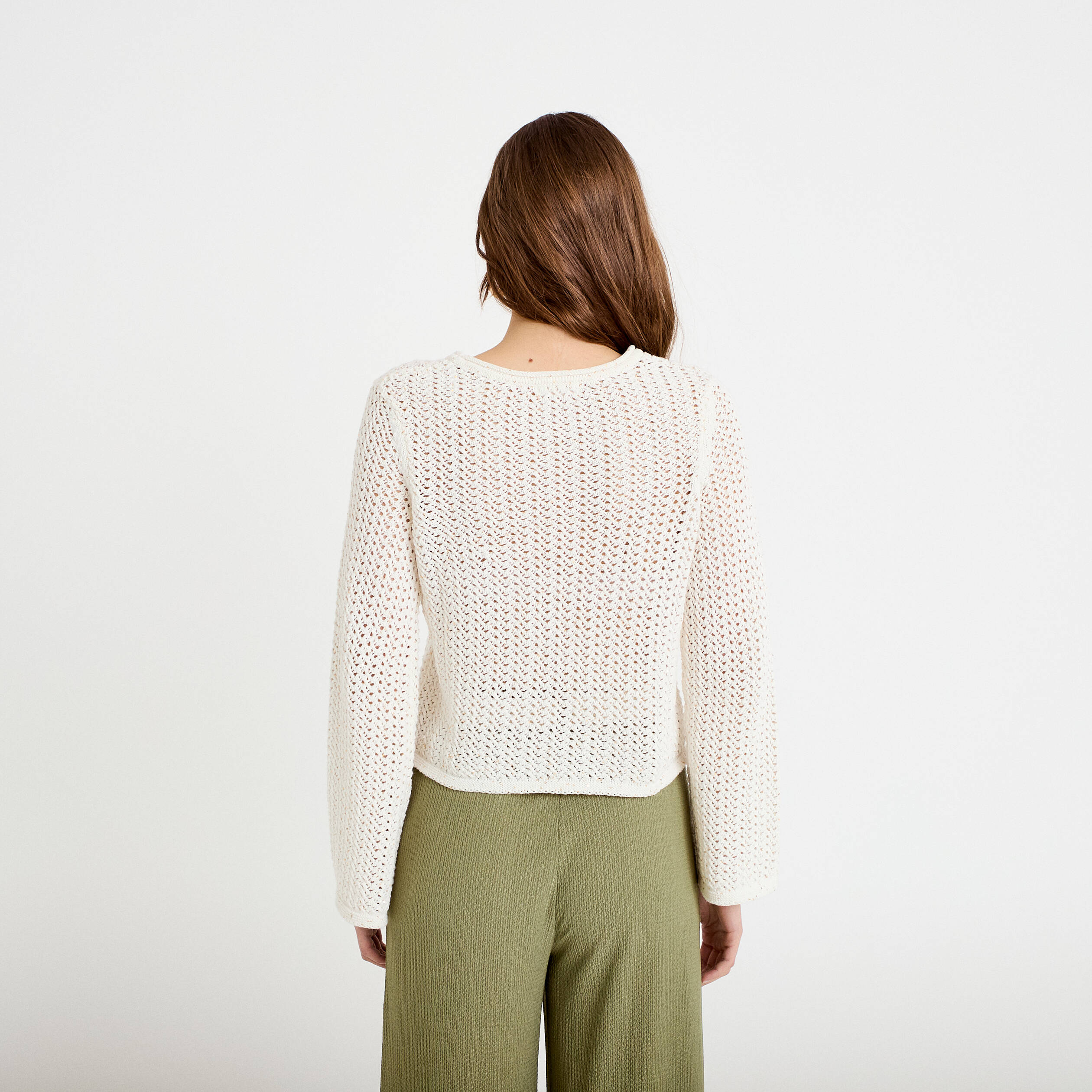 Pull ajour&eacute; manches longues dentelle ecru femme