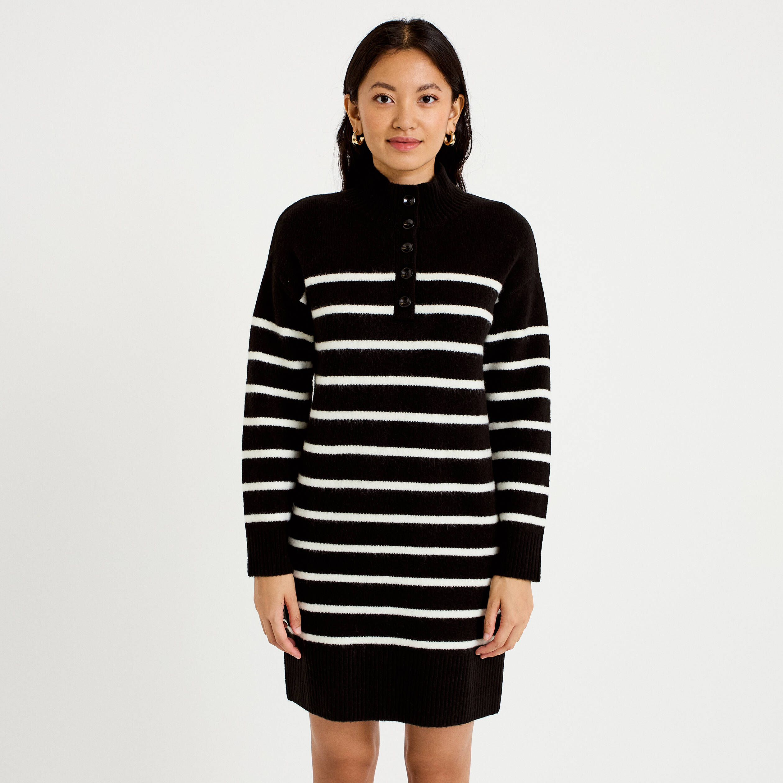 Robe pull droite manches longues 3/4 noir femme