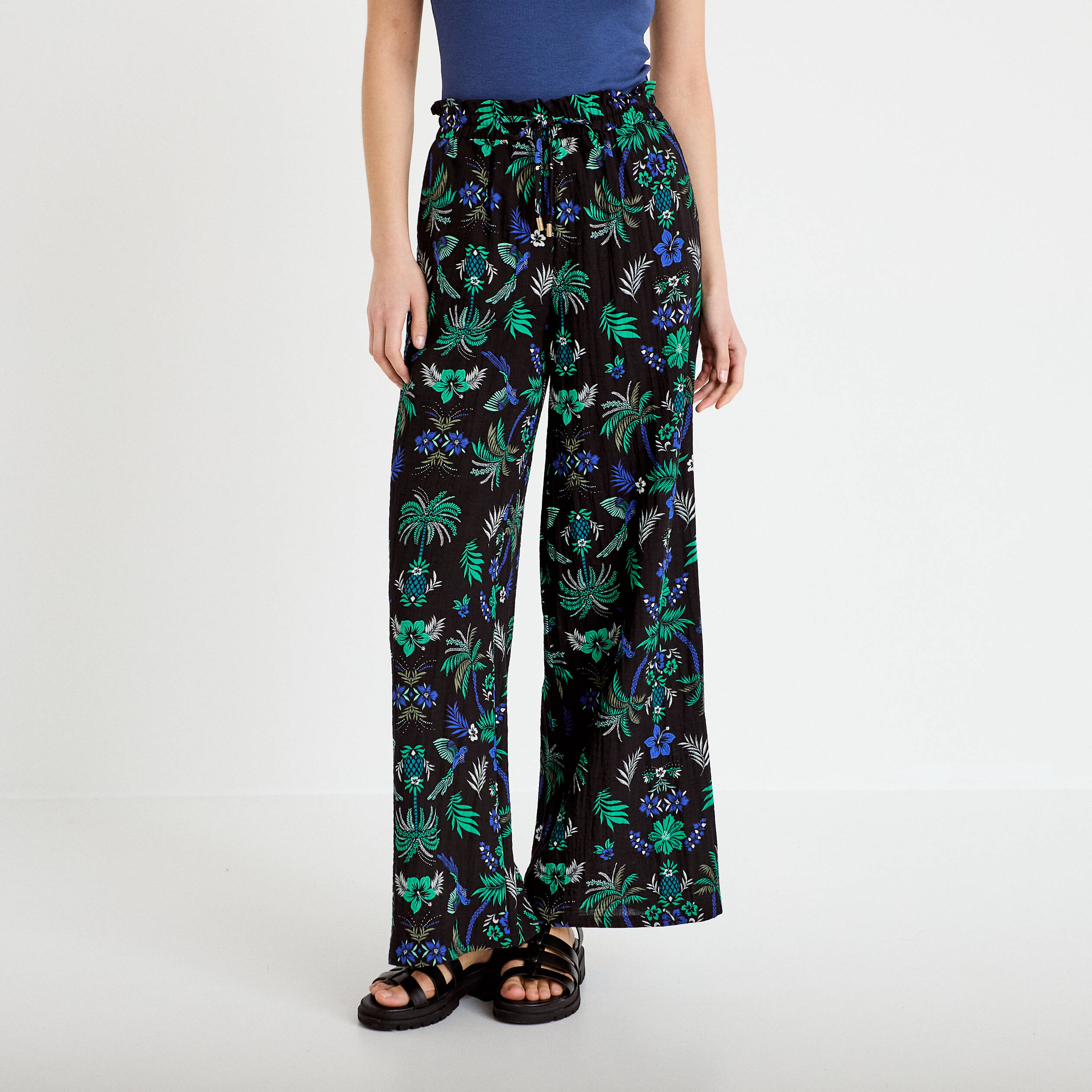 Pantalon large taille standard pliss&eacute; noir femme