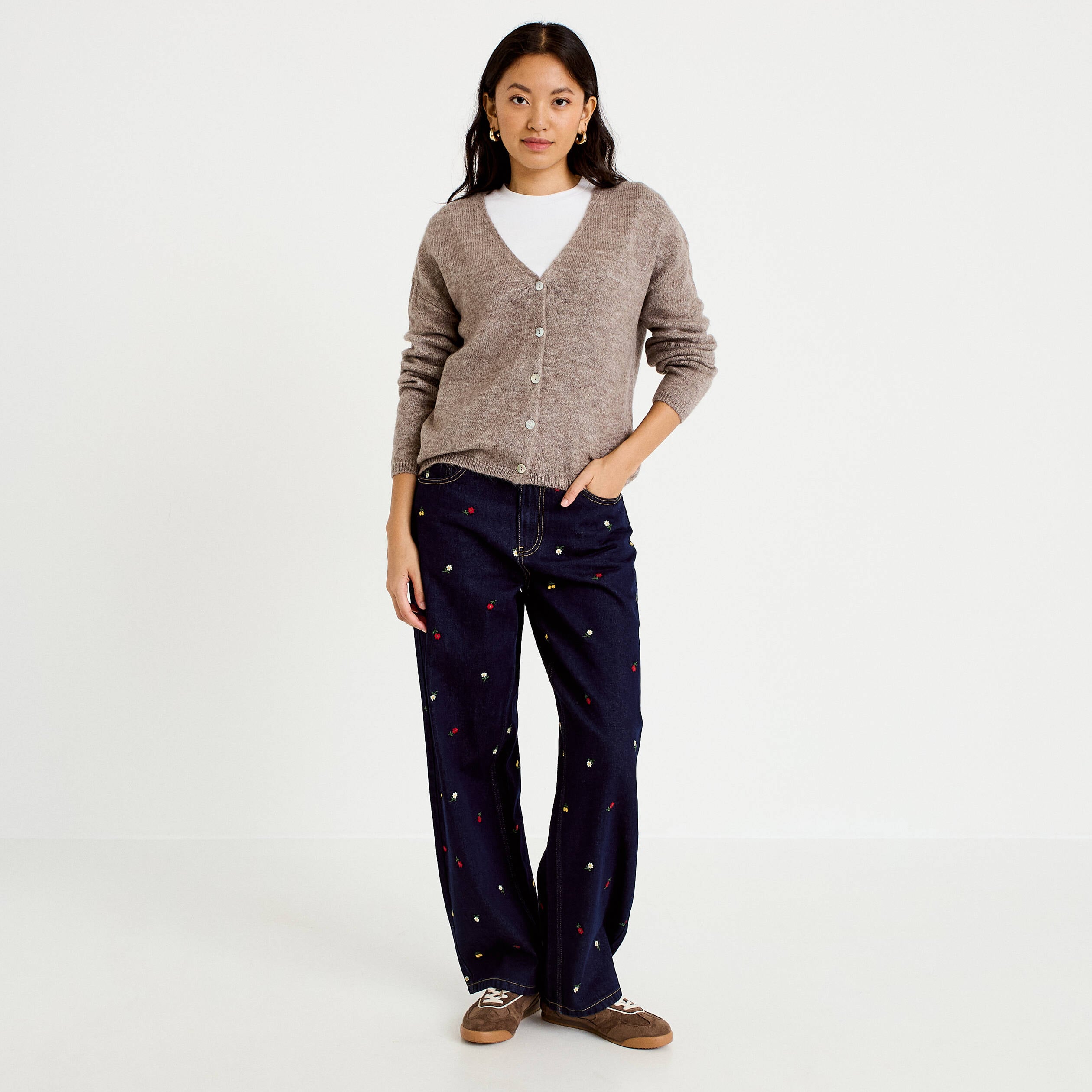 Jean barrel avec broderie bleu marine femme