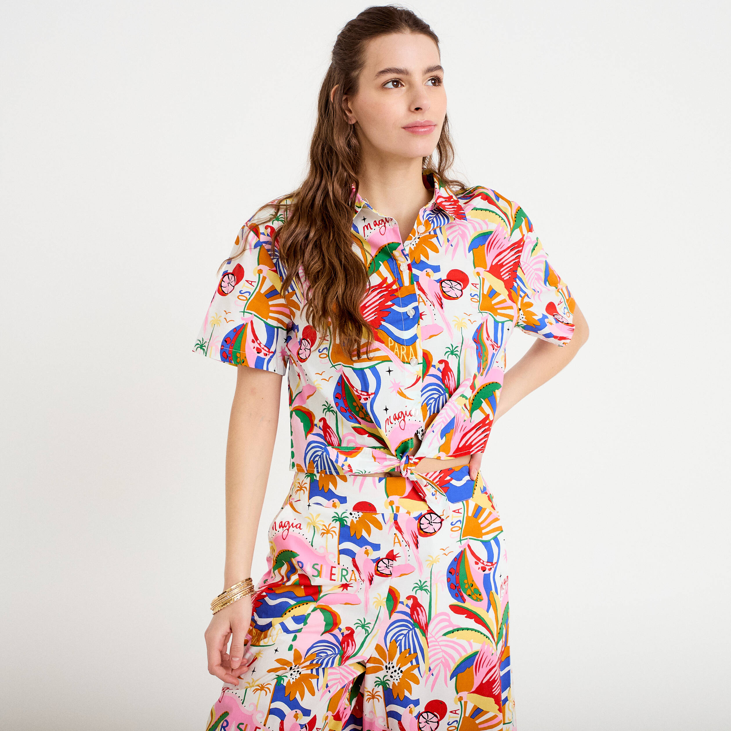 Chemise droite cropped col am&eacute;ricain blanc femme