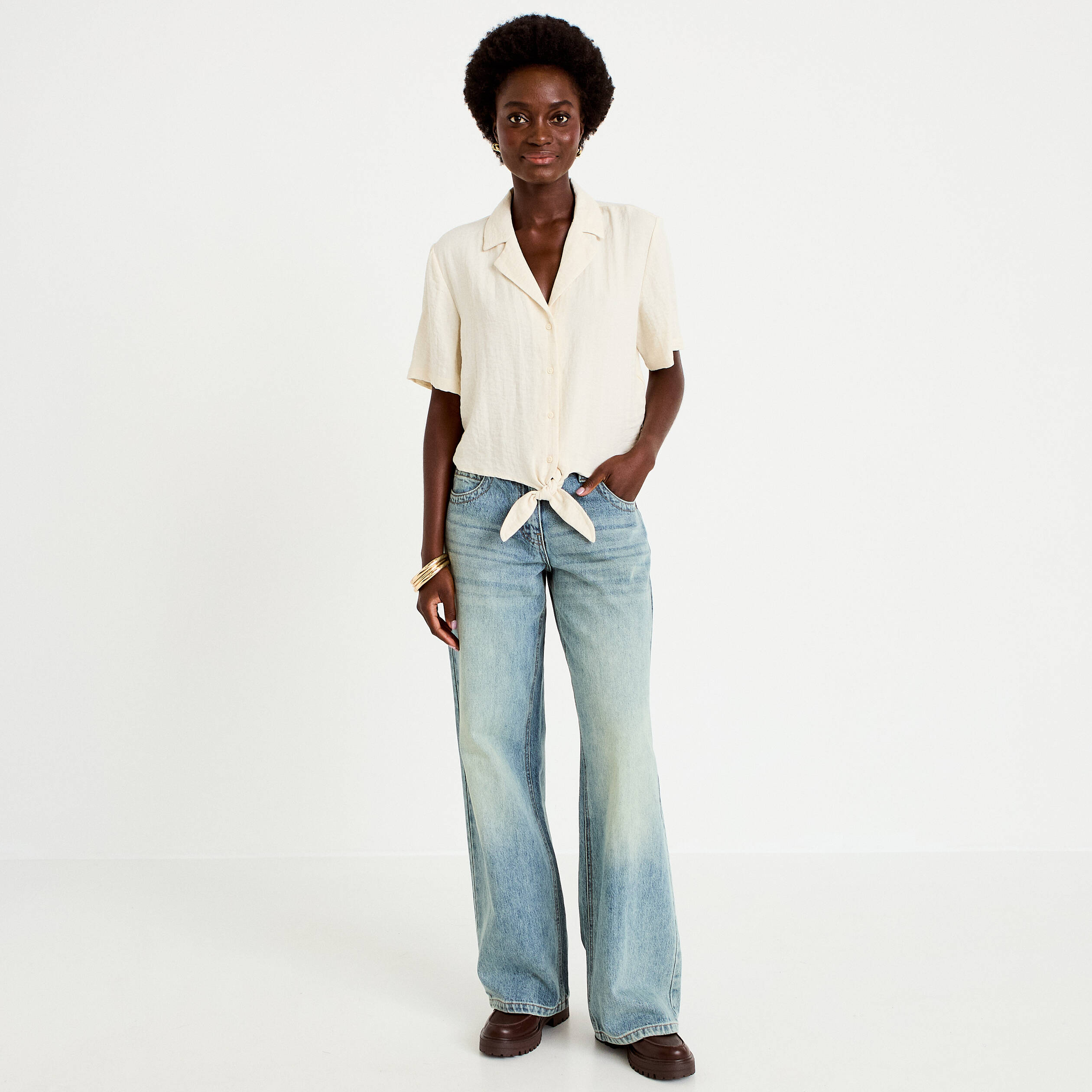 Chemise droite pliss&eacute;e manches courtes ecru femme