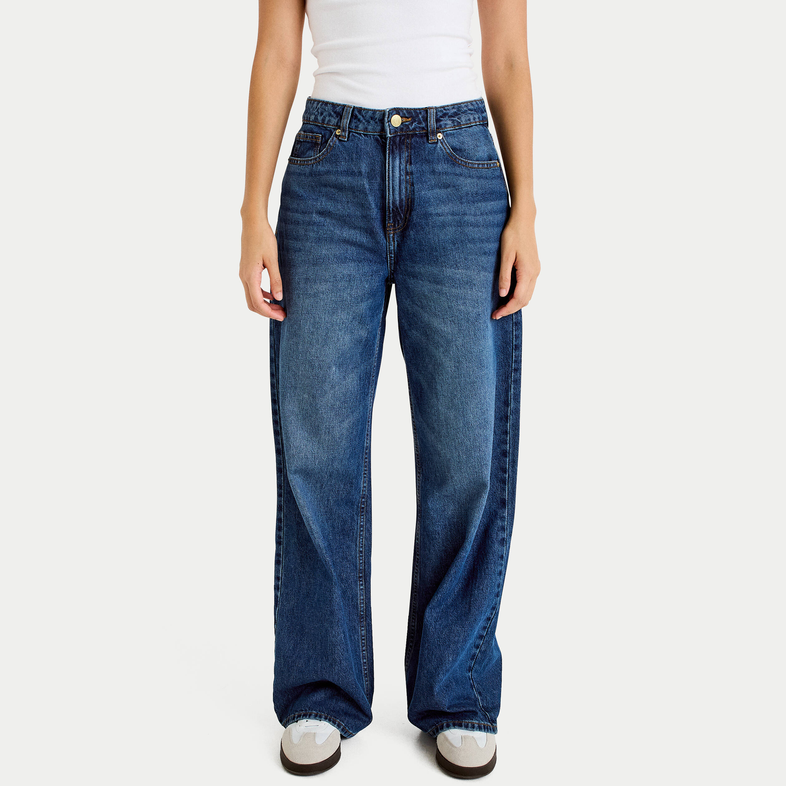 Jeans wide leg taille haute bleu fonc&eacute; femme