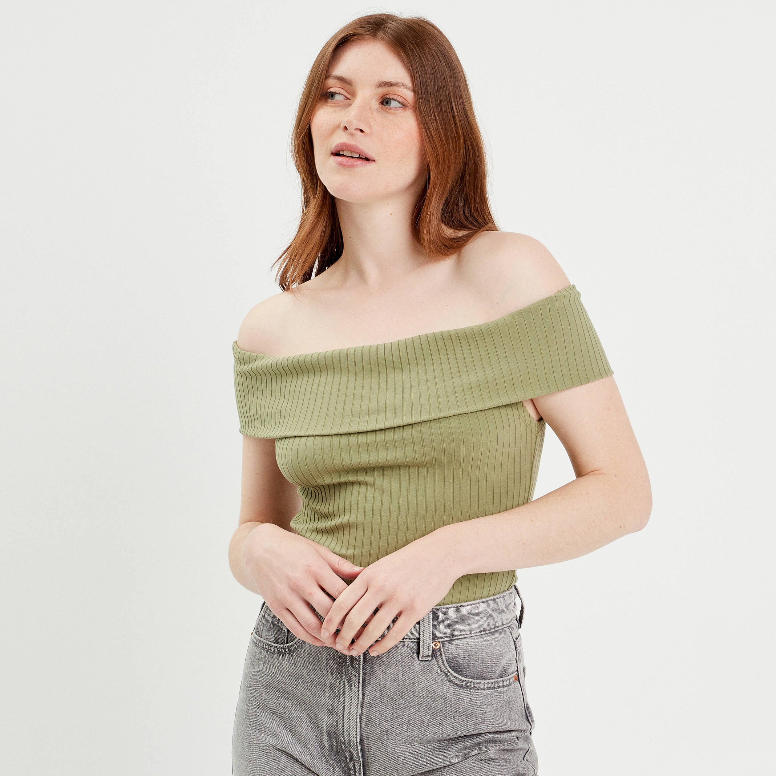 T-shirt manches courtes c&ocirc;tel&eacute; vert kaki femme