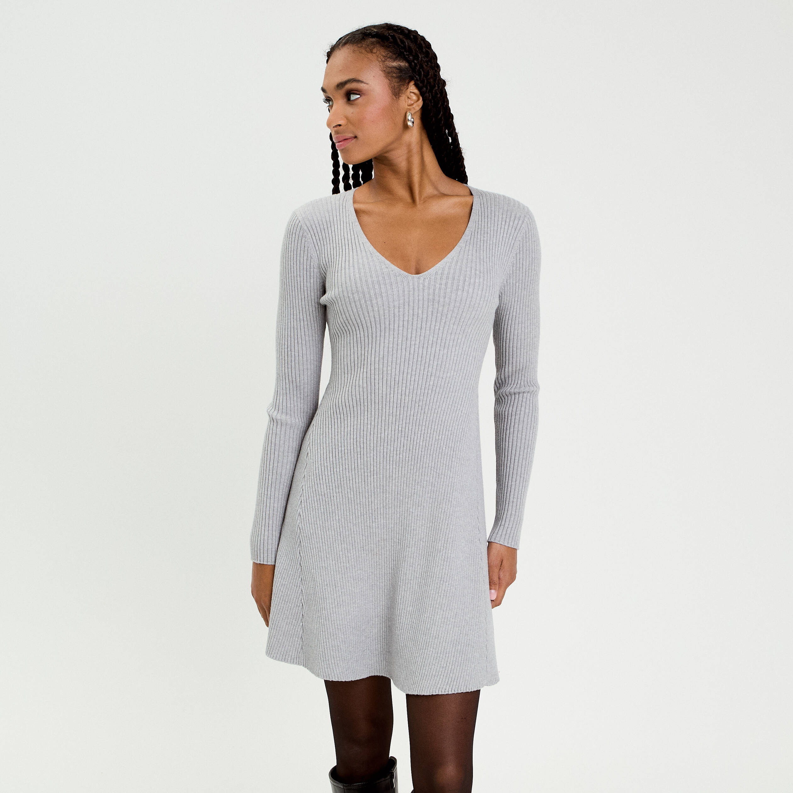 Robe tricot patineuse c&ocirc;tel&eacute;e gris clair femme