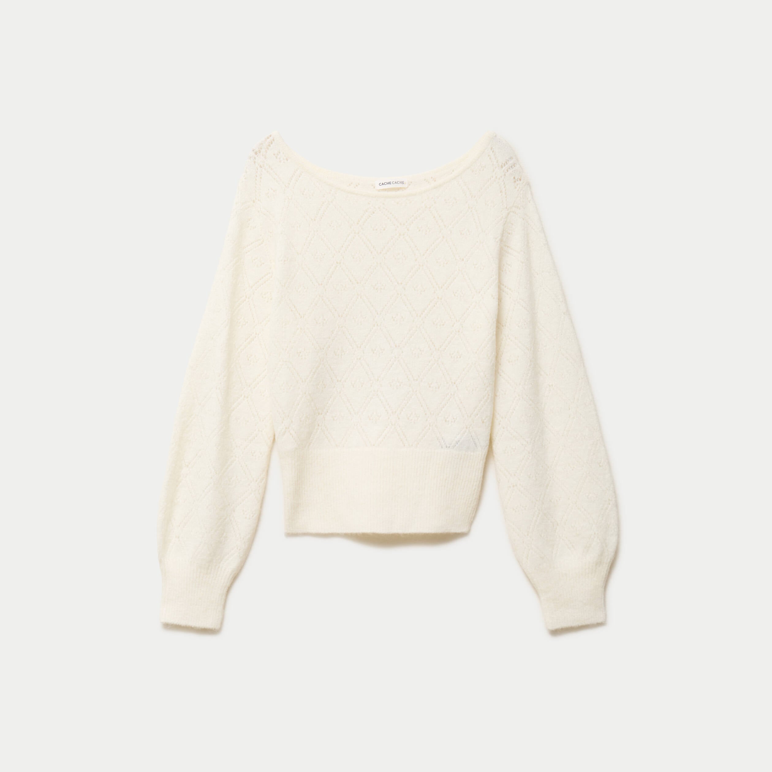 Pull ajour&eacute; col bateau manches longues ecru femme
