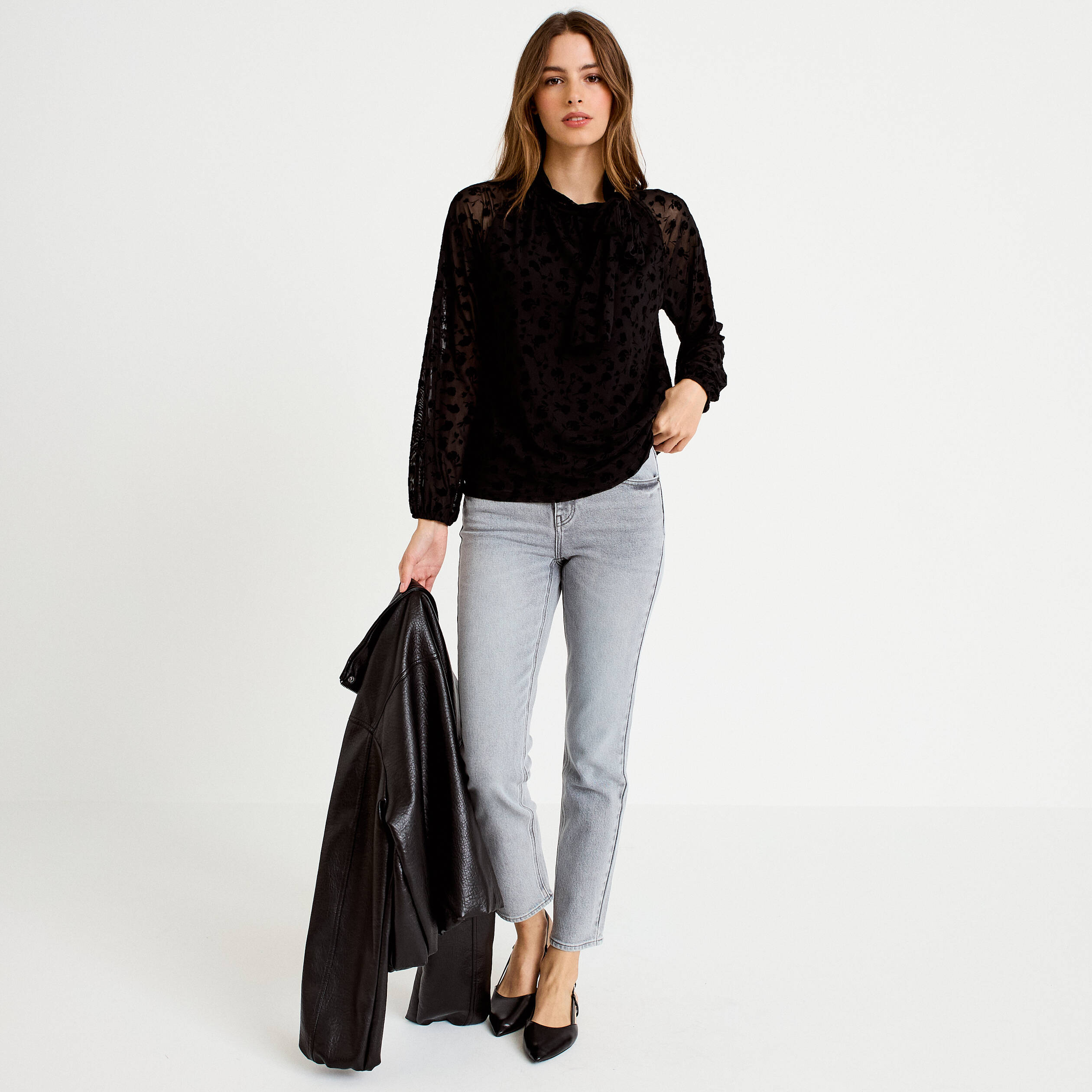 Blouse droite manches longues noir femme