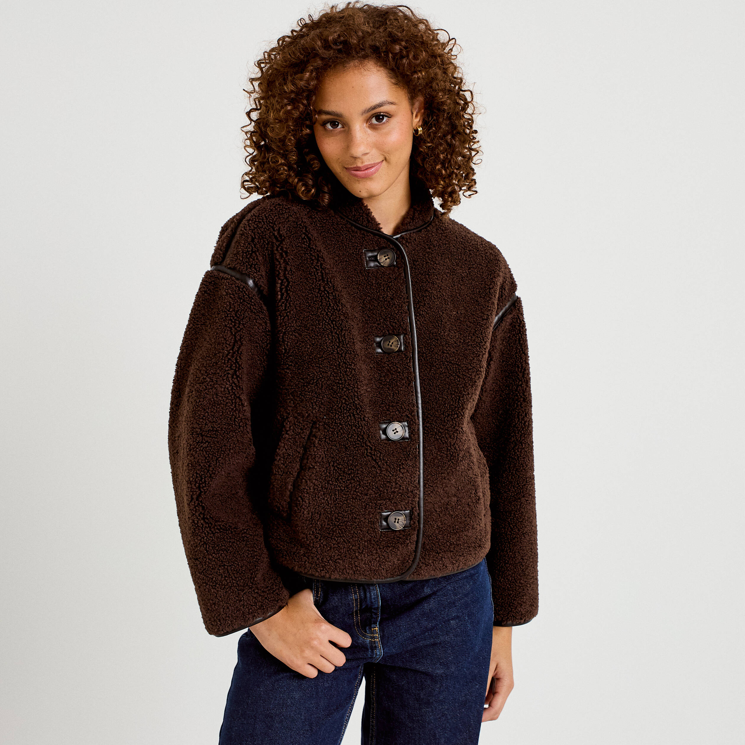 Veste effet polaire manches longues marron fonc&eacute; femme