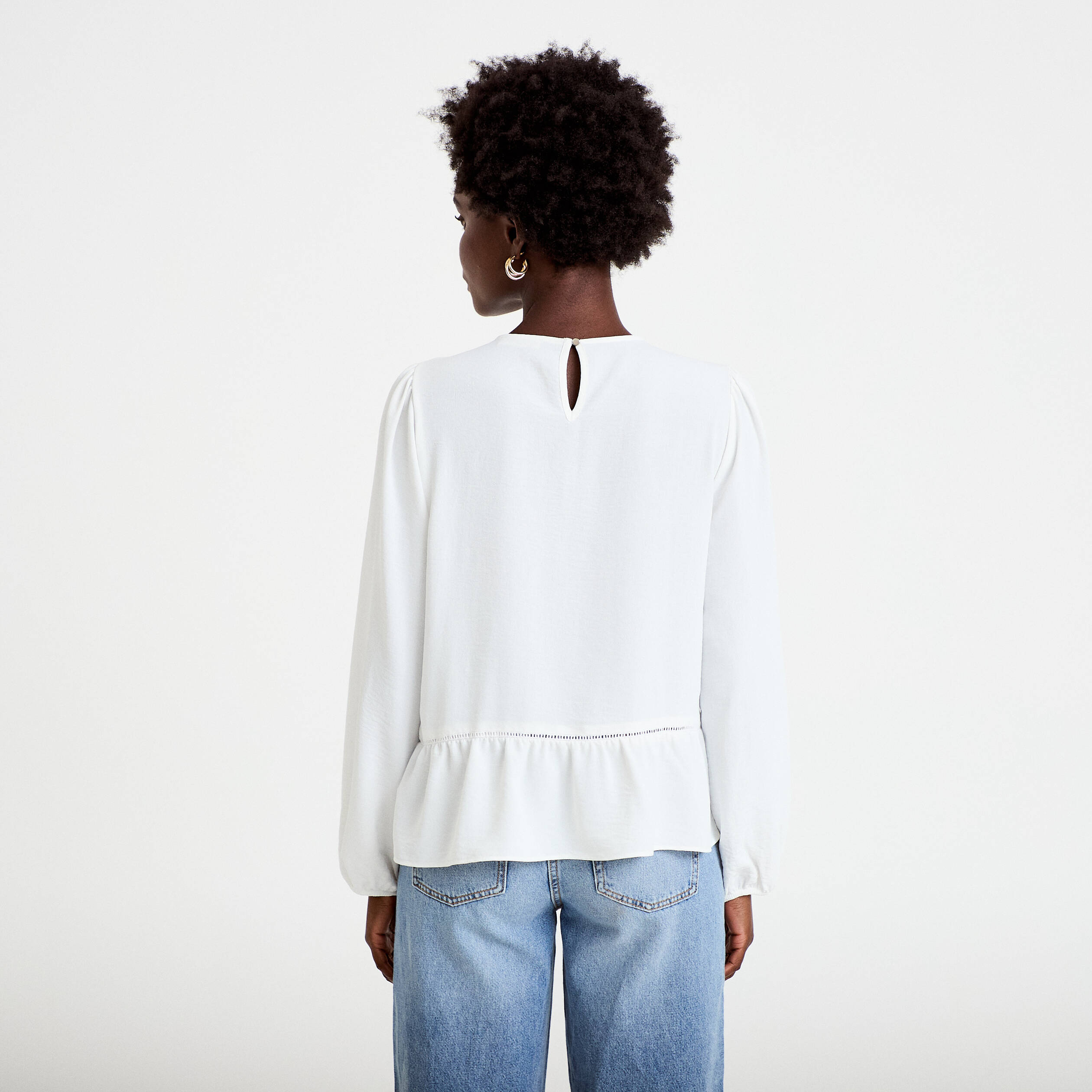 Blouse ajour&eacute;e col rond manches longues ecru femme