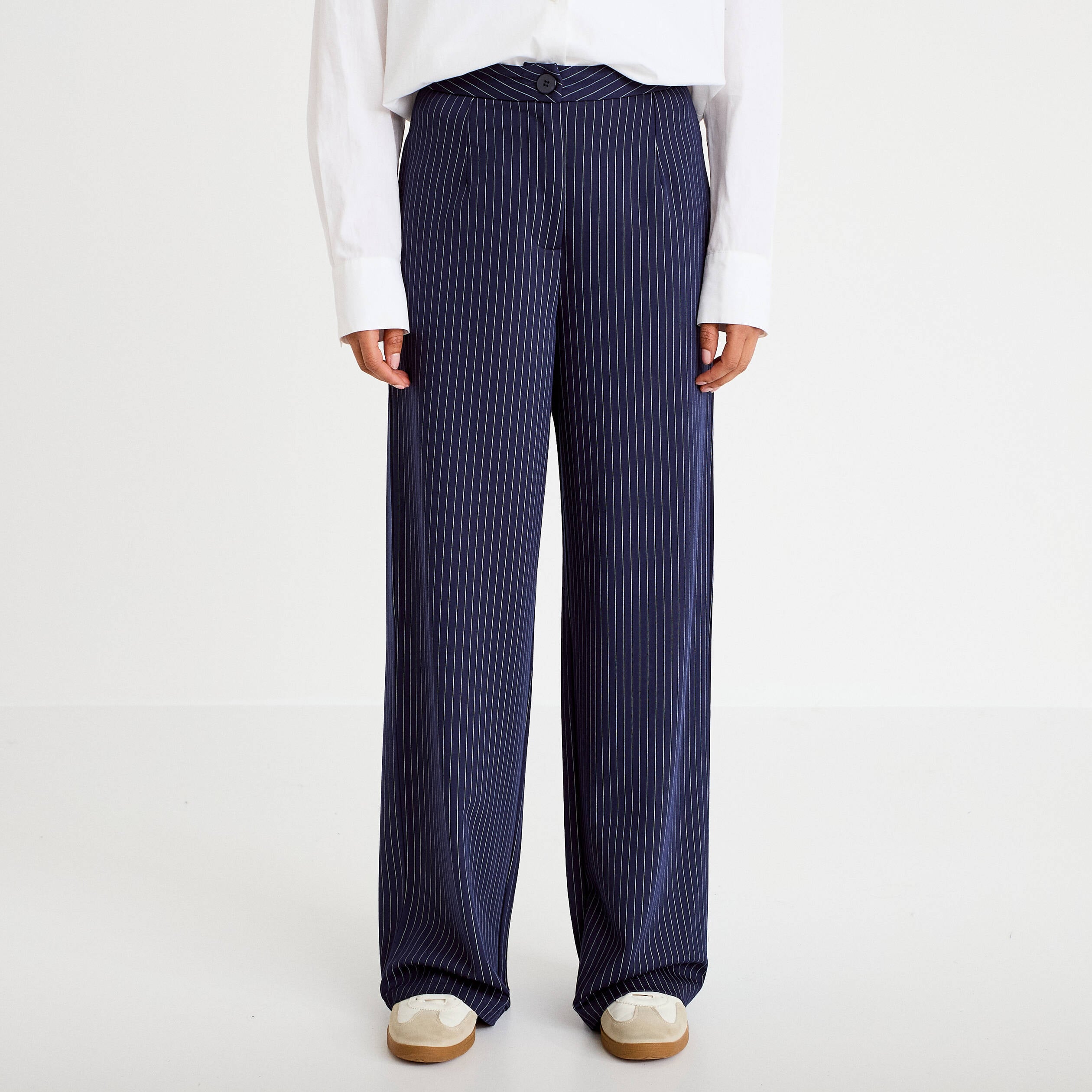 Pantalon large taille haute bleu marine femme