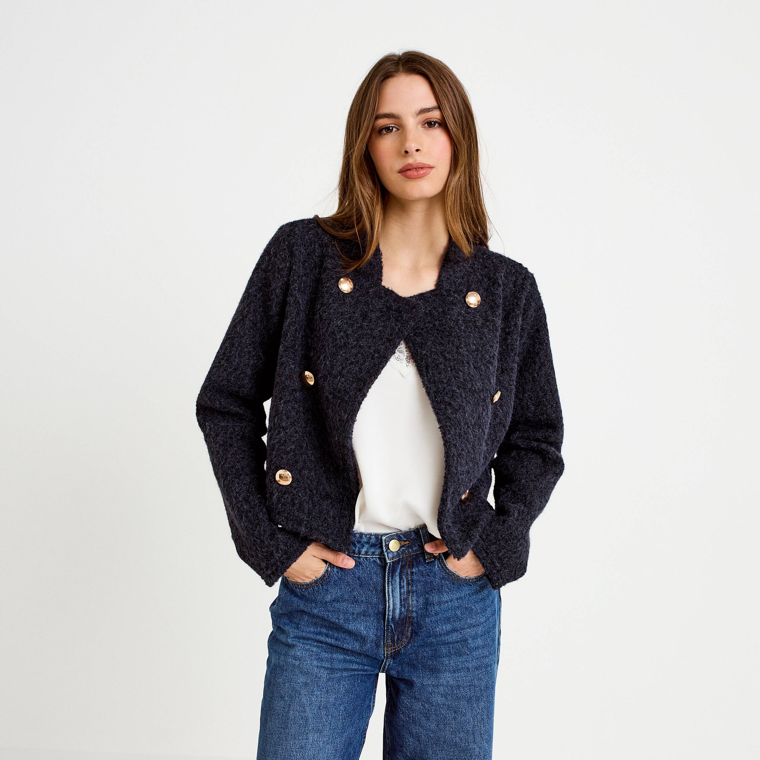 Veste droite cropped effet polaire bleu marine femme