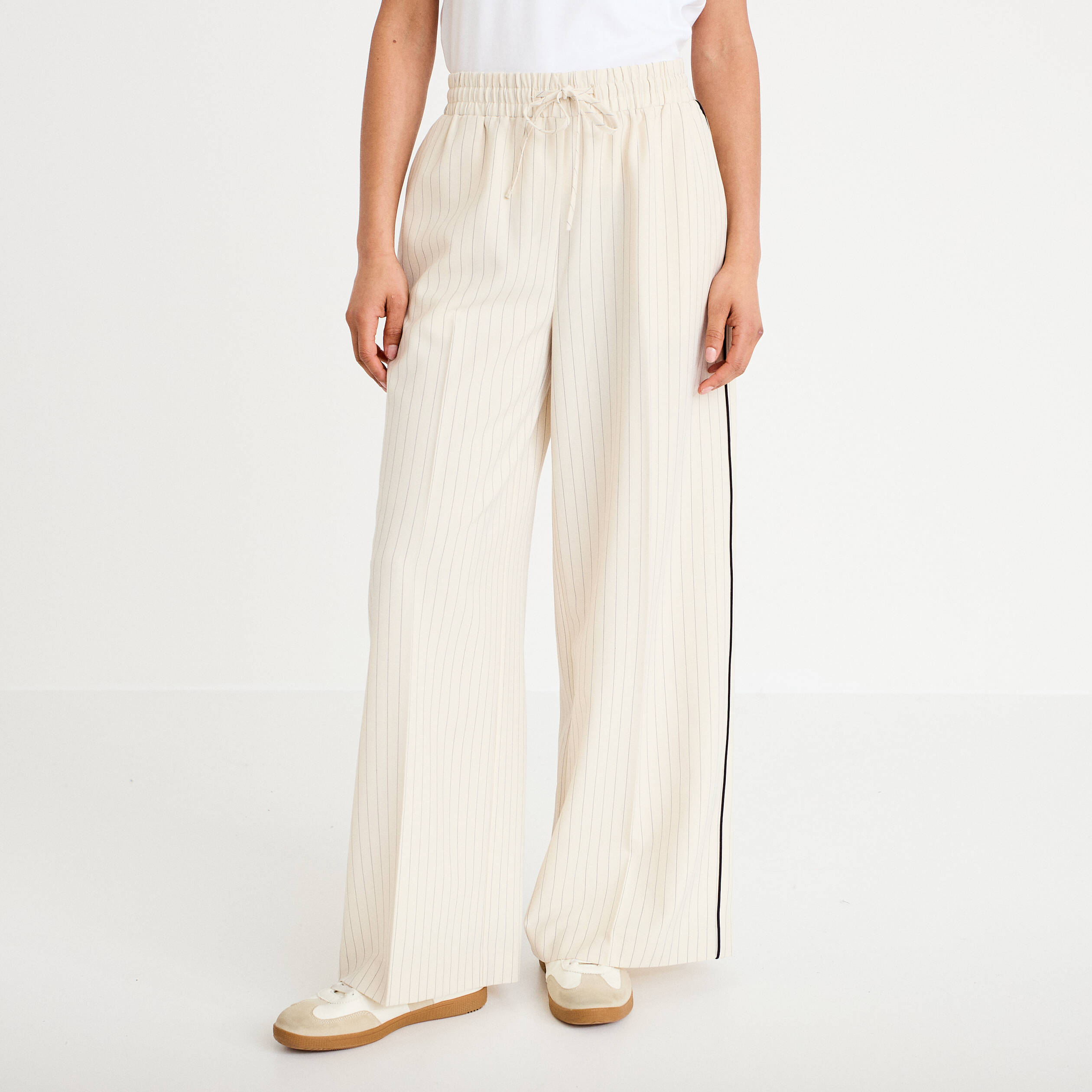 Pantalon large taille &eacute;lastiqu&eacute;e blanc femme
